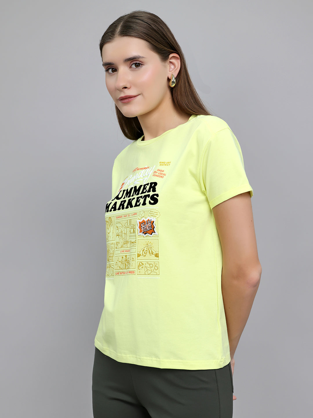 Women Yellow Printed Round Neck Half Sleeve Top