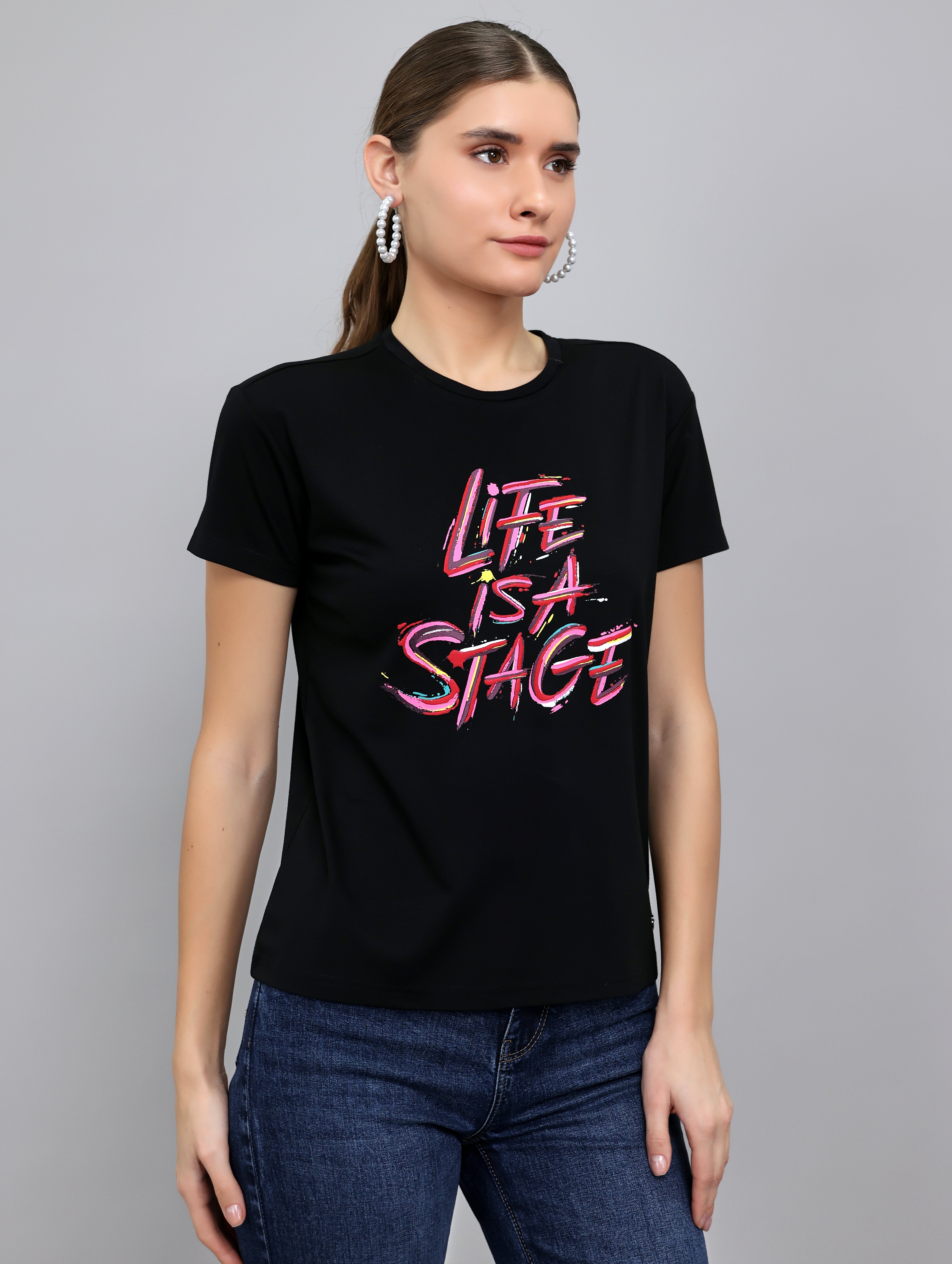 Women Black Printed Round Neck Half Sleeve Top