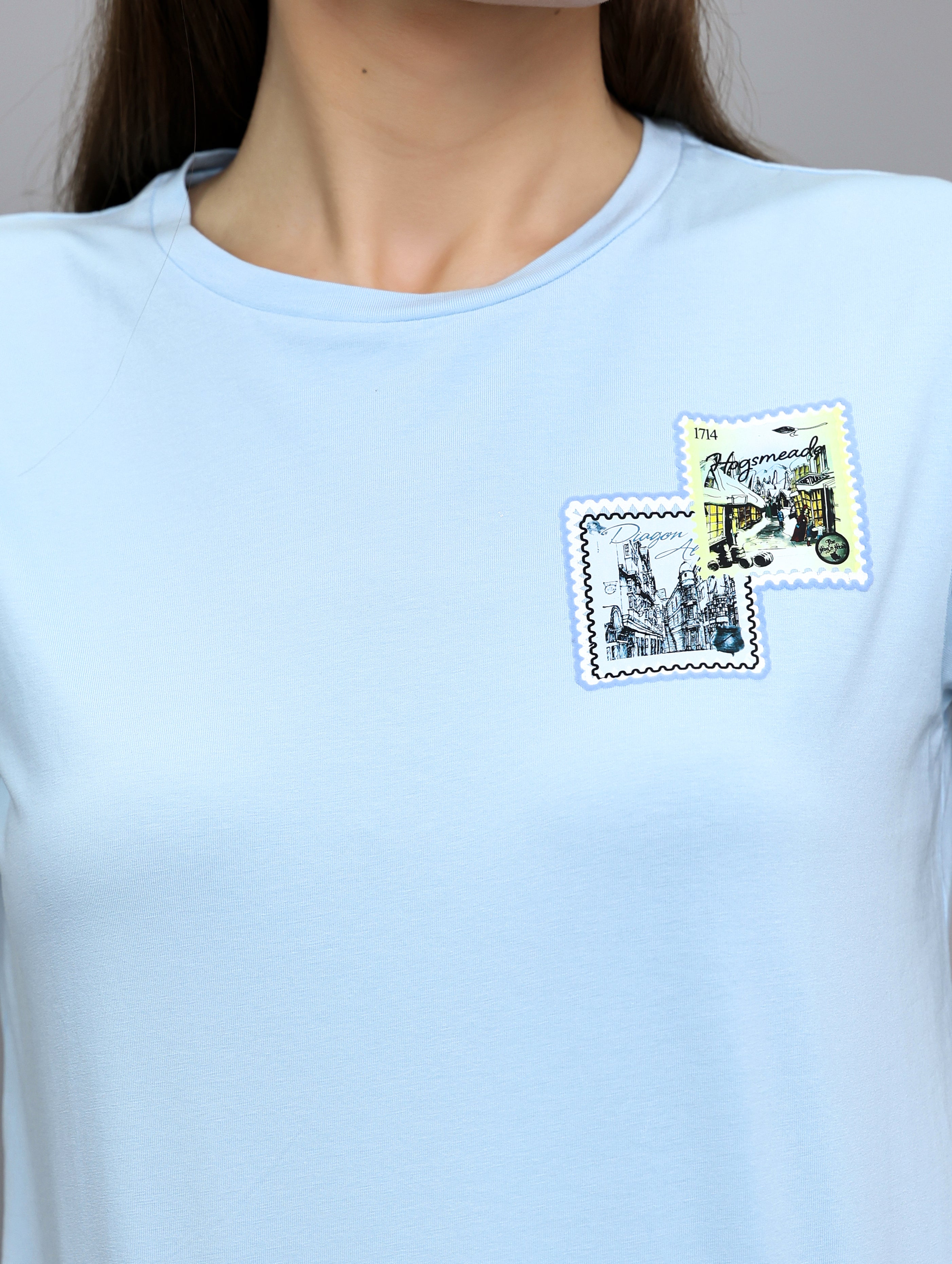 Women Sky Blue Printed Round Neck Half Sleeve Top