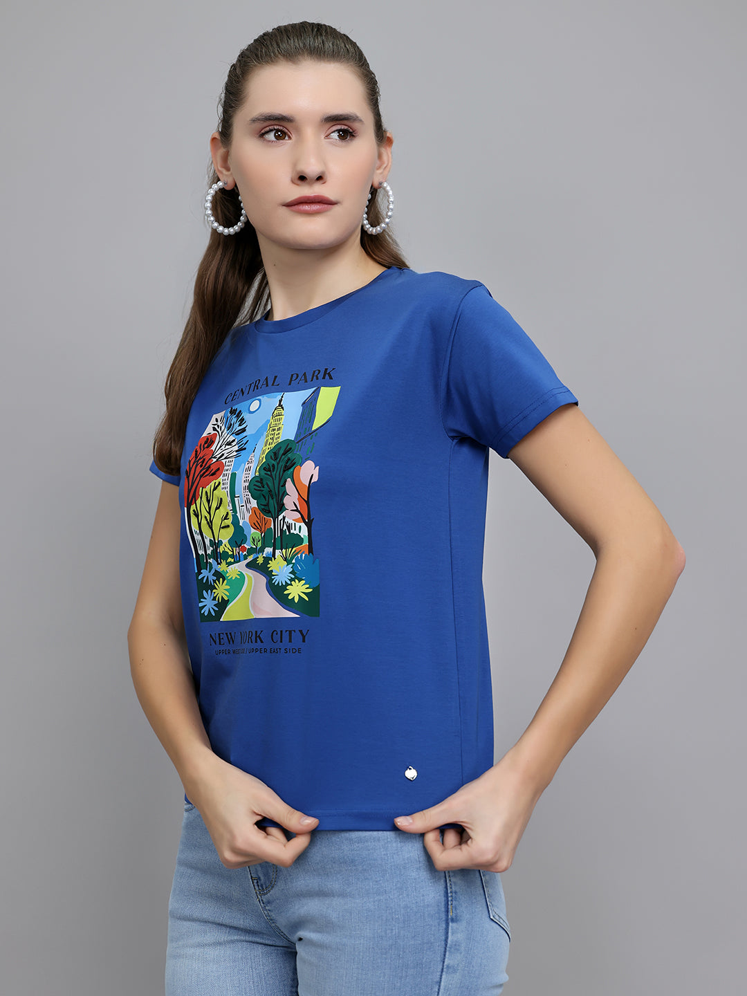 Women Blue Printed Round Neck Half Sleeve Top