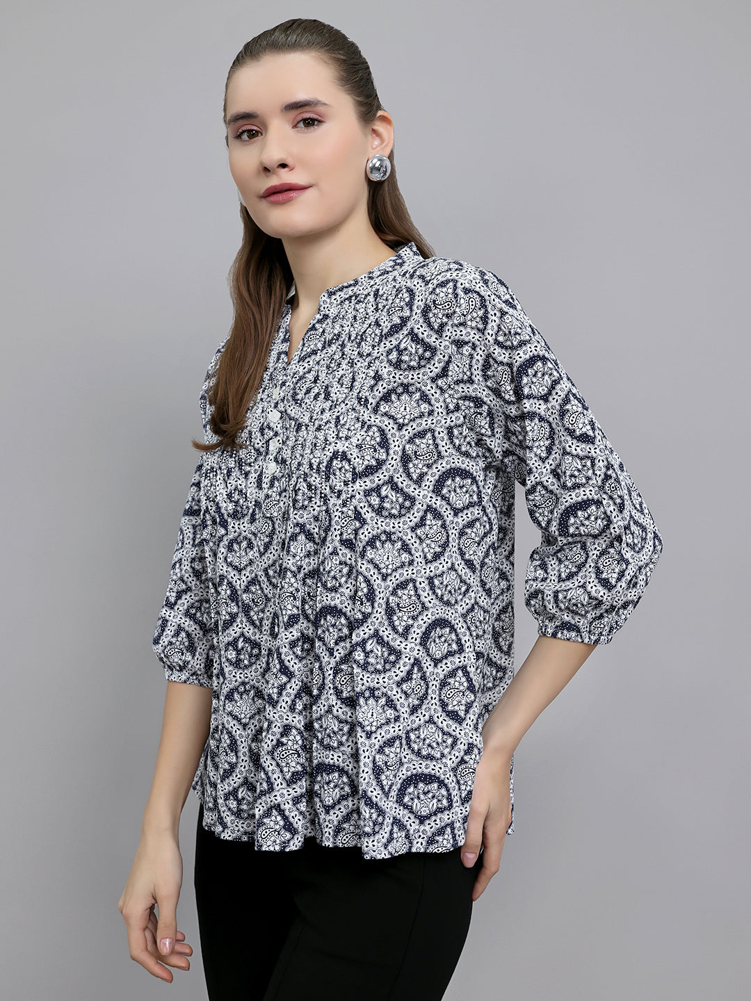 Women Navy Blue Printed Fashion Neck 3/4th Sleeve Top