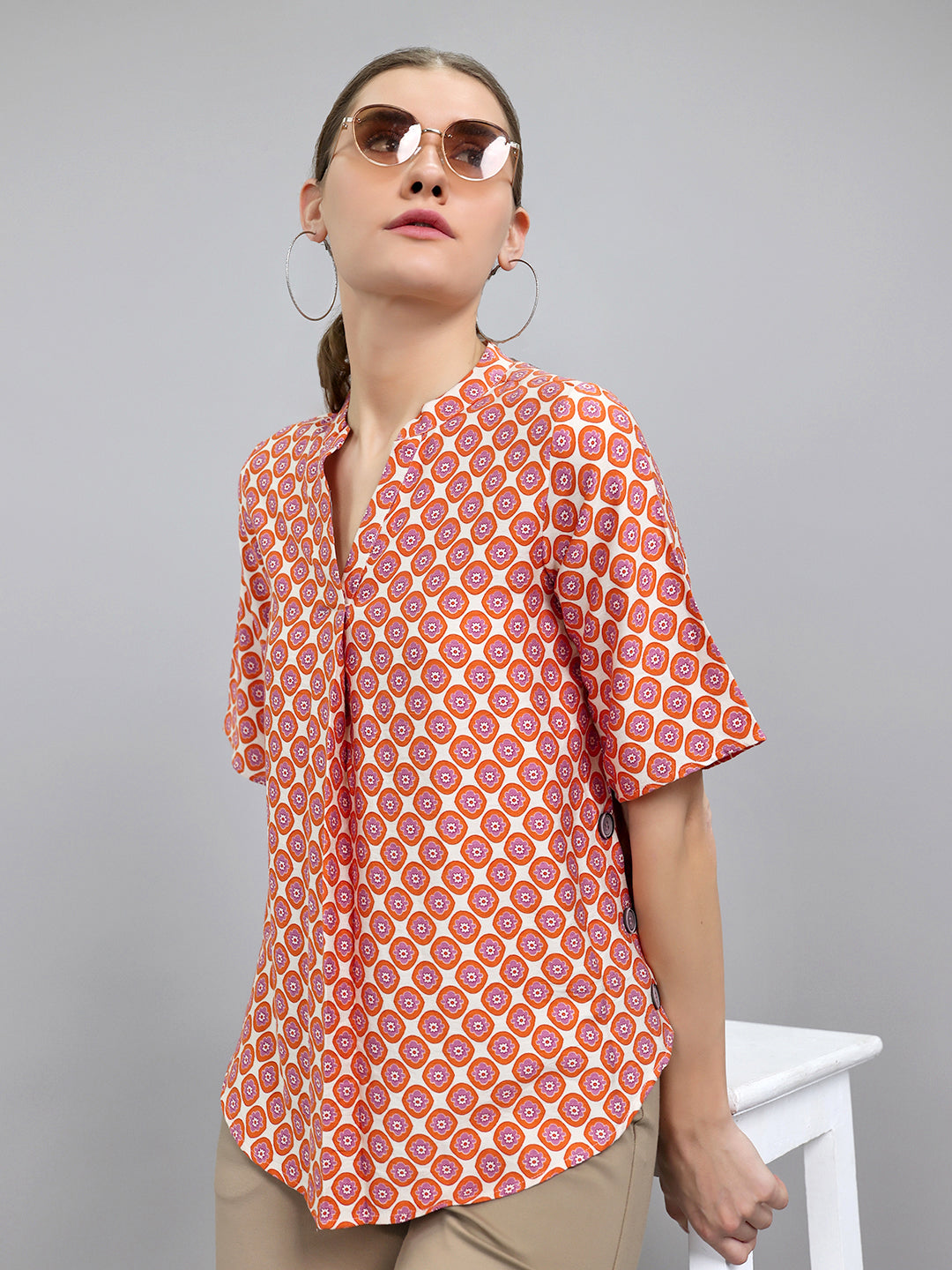 Women Orange Printed V Neck 3/4th Sleeve Top