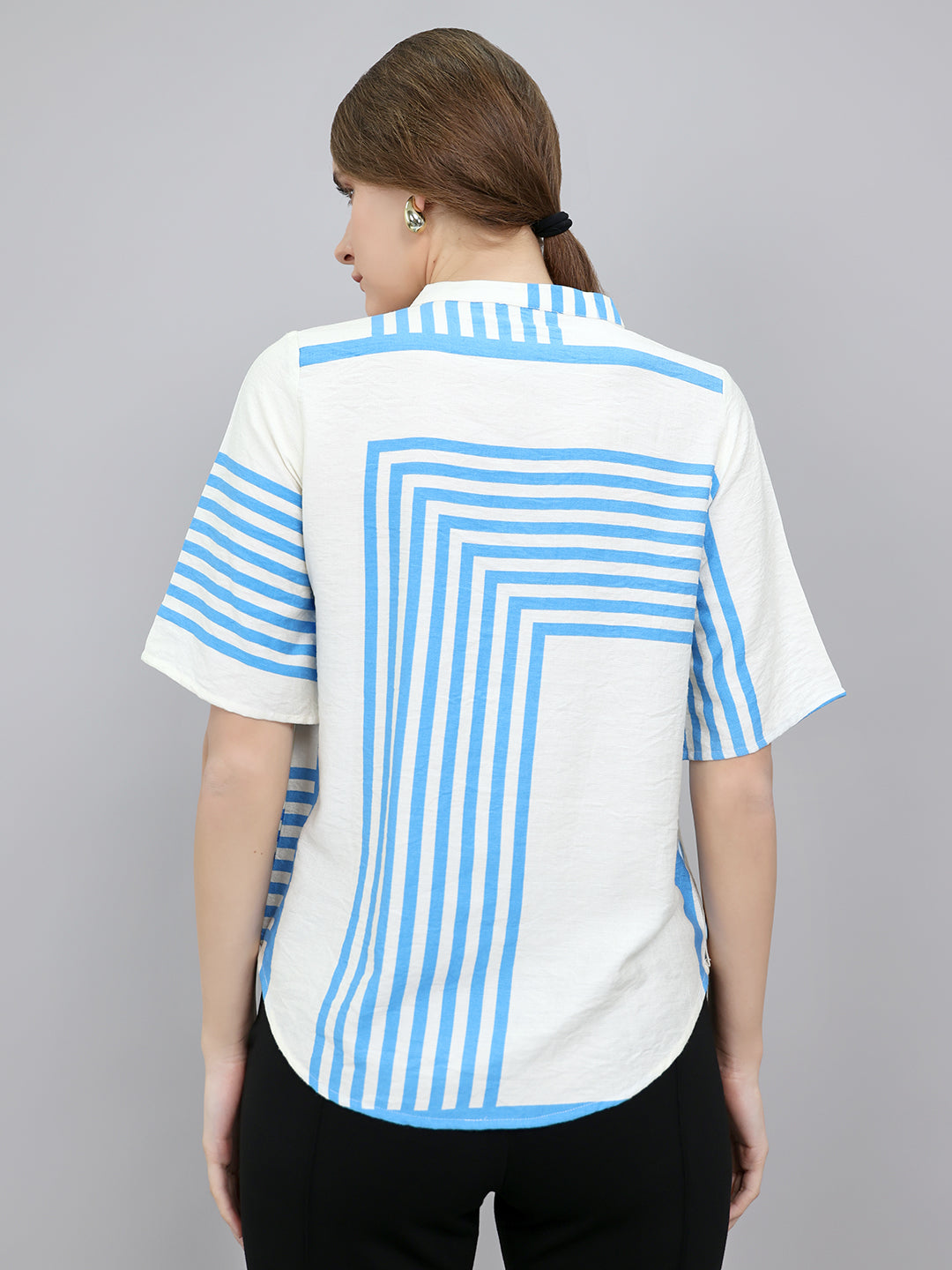 Women Blue Stripe V Neck 3/4th Sleeve Top