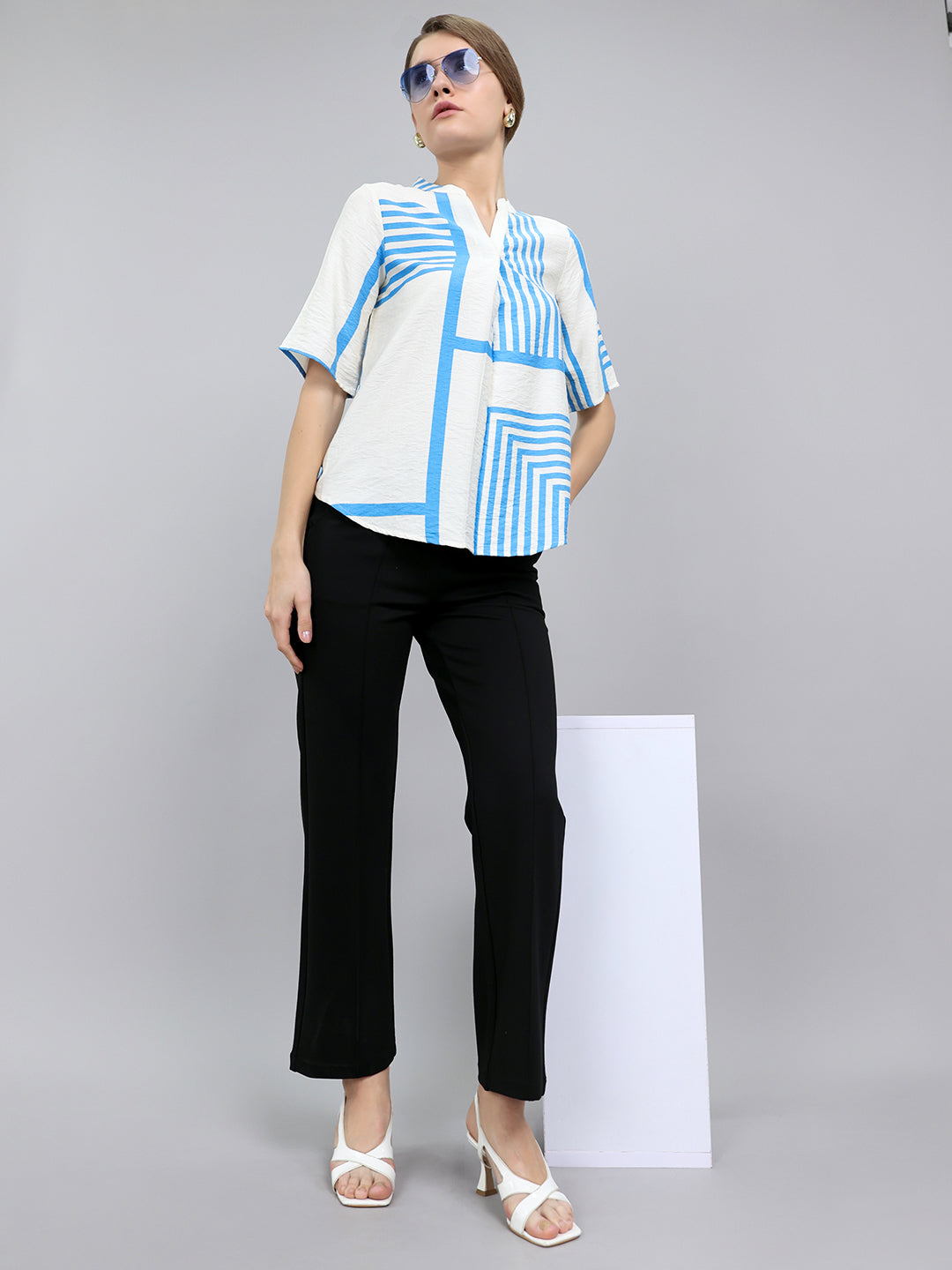 Women Blue Stripe V Neck 3/4th Sleeve Top