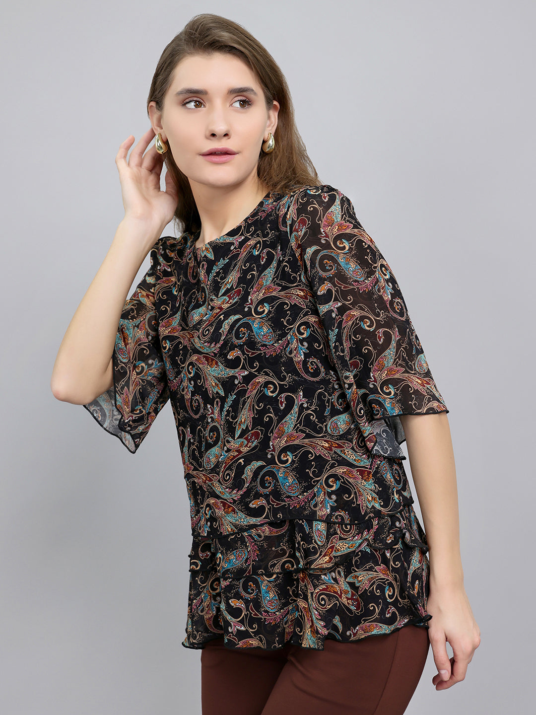 Women Black Paisley Print Fashion Neck 3/4th Sleeve Top