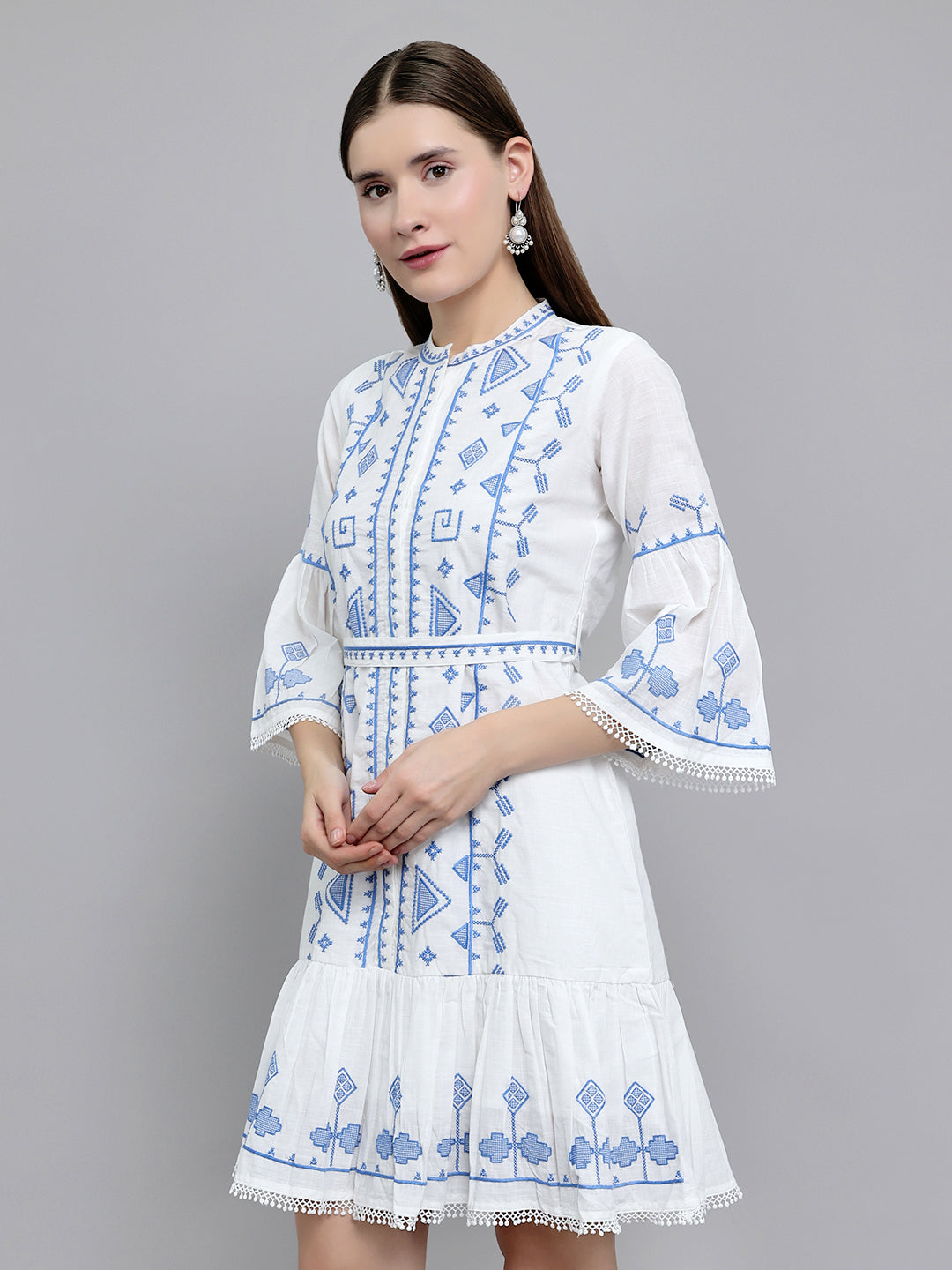 Women White Embroidered Henley Neck 3/4th Sleeve Tunic