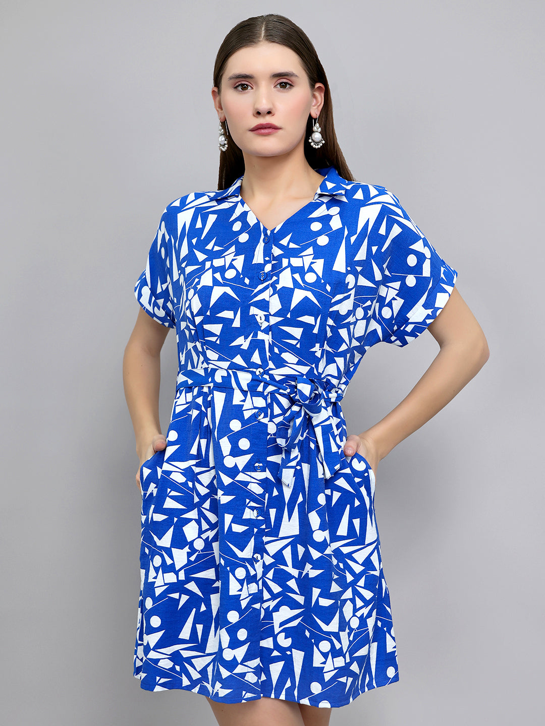 Women Blue Printed Fashion Neck Half Sleeve Tunic