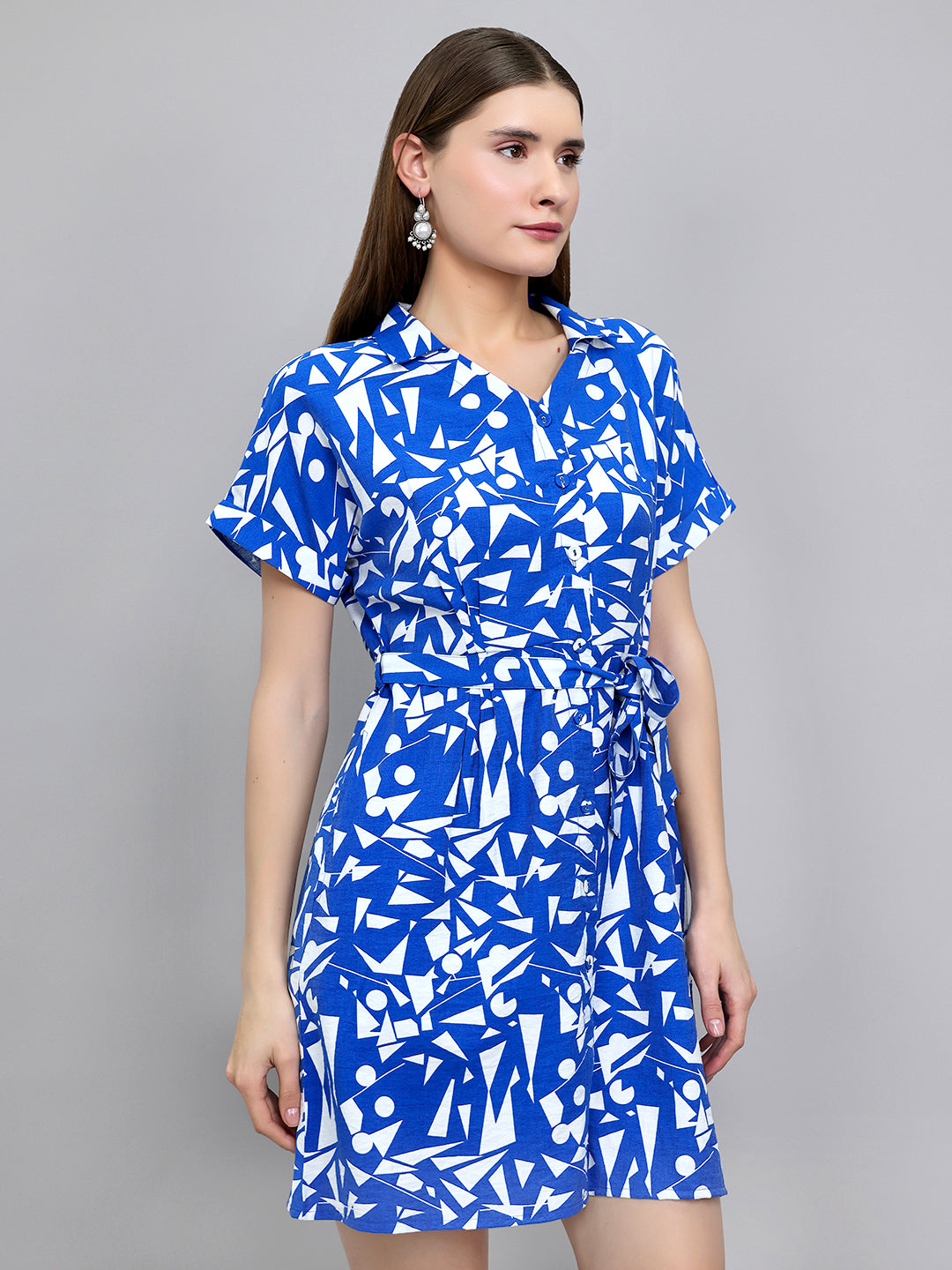 Women Blue Printed Fashion Neck Half Sleeve Tunic