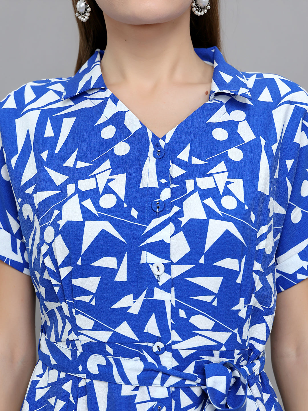 Women Blue Printed Fashion Neck Half Sleeve Tunic