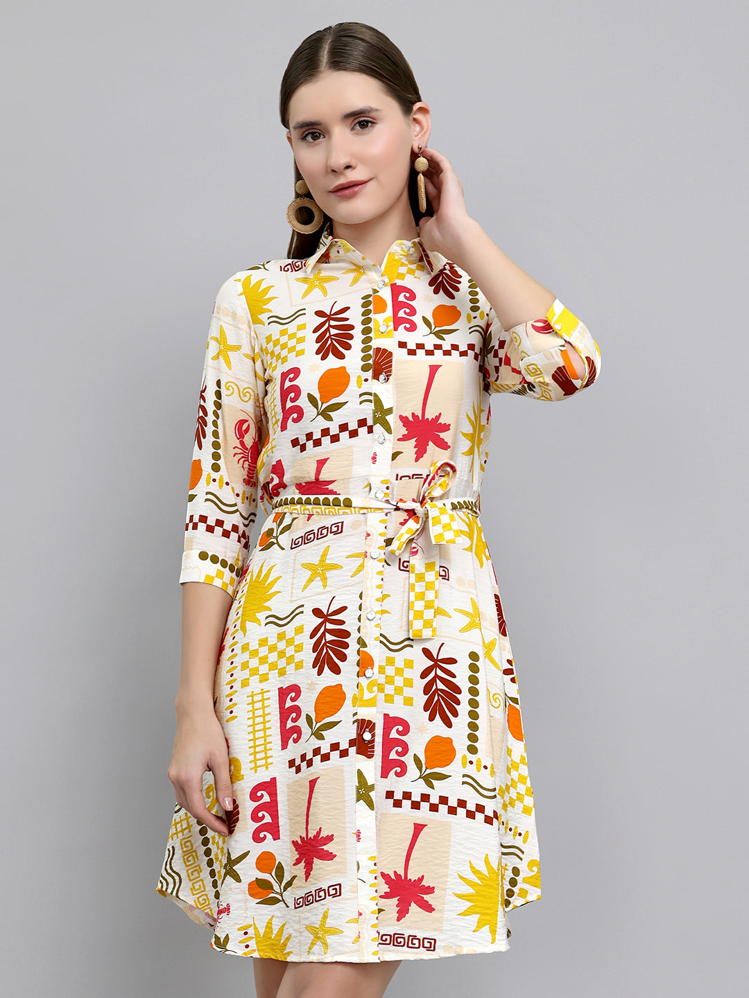 Women Yellow Printed Front Open 3/4th Sleeve Tunic