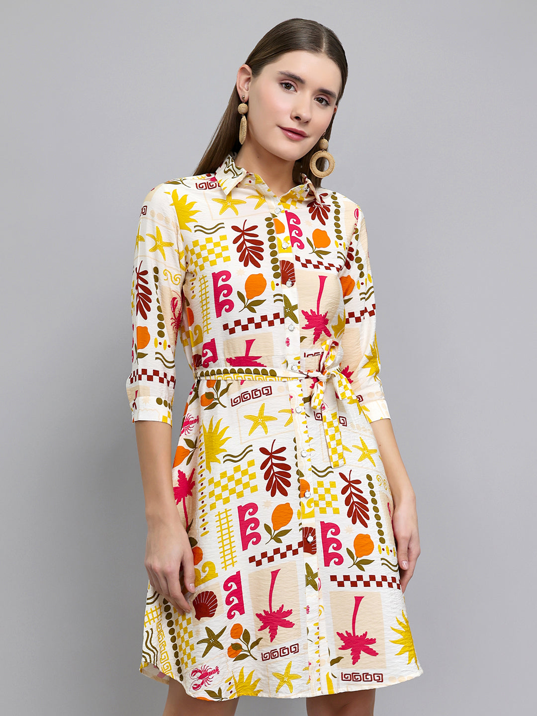 Women Yellow Printed Front Open 3/4th Sleeve Tunic