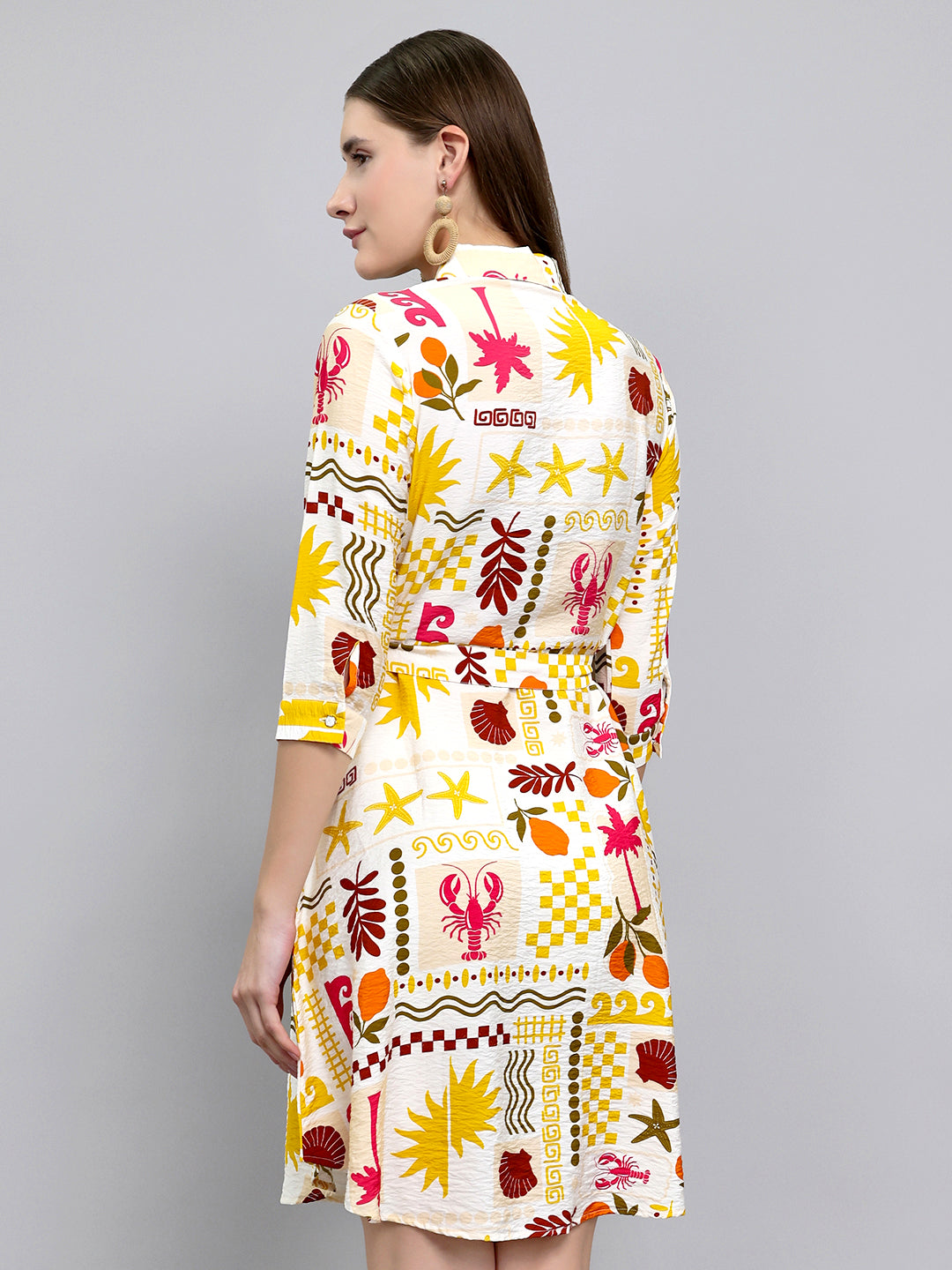Women Yellow Printed Front Open 3/4th Sleeve Tunic