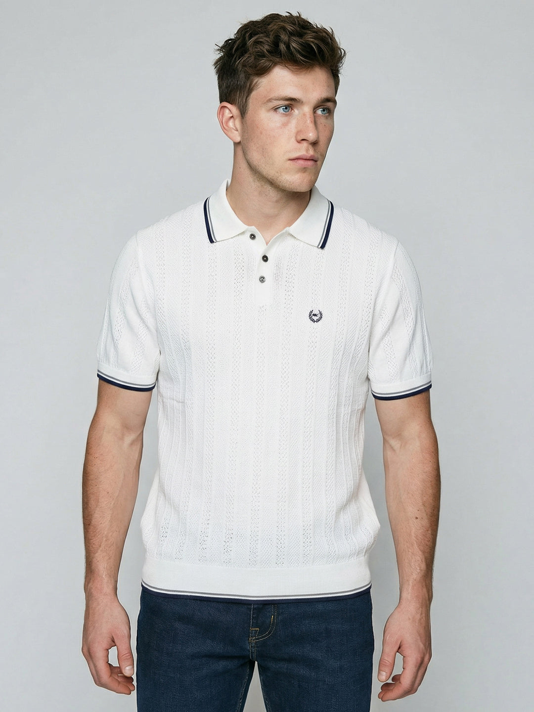 Men White Self Design Collar Half Sleeve T-Shirt