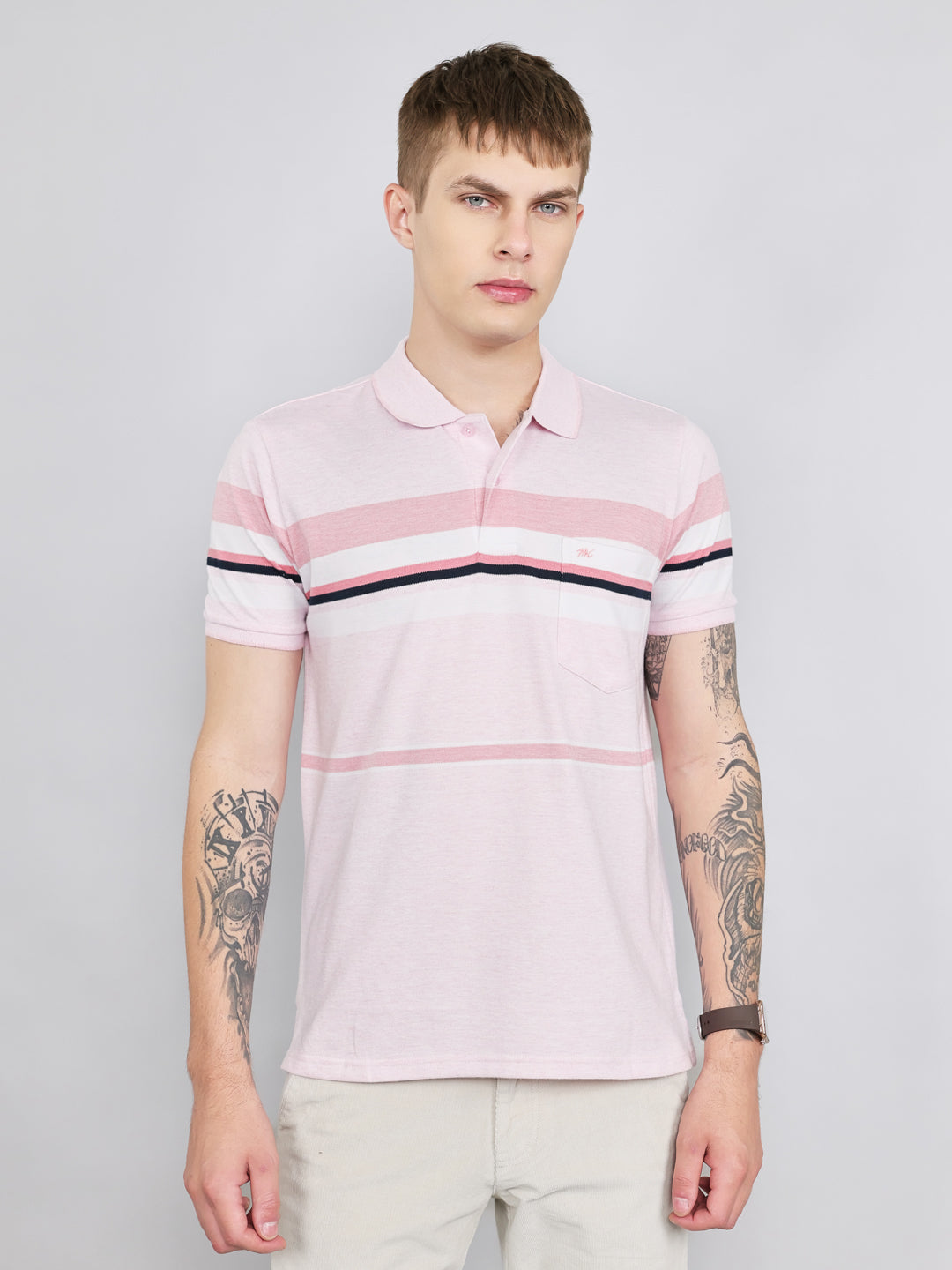 Men Pink Stripe Collar Half Sleeve T-Shirt