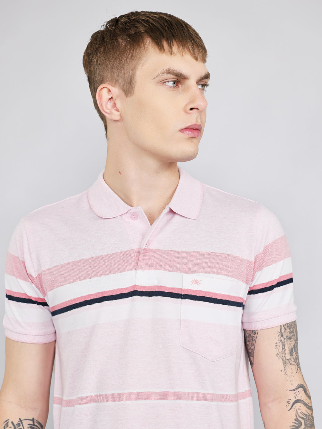 Men Pink Stripe Collar Half Sleeve T-Shirt