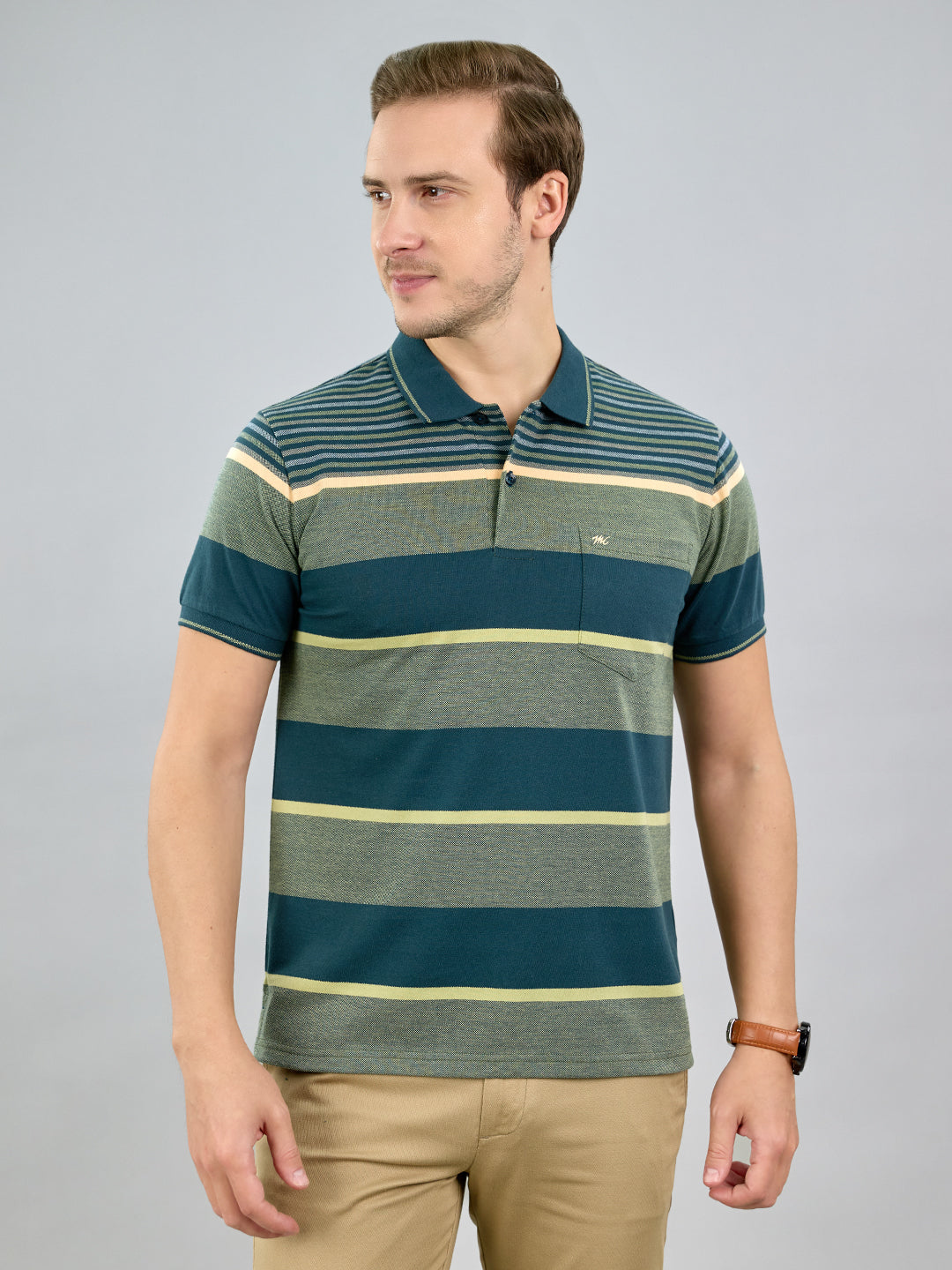 Men Green Stripe Polo Collar Half Sleeve T-Shirt