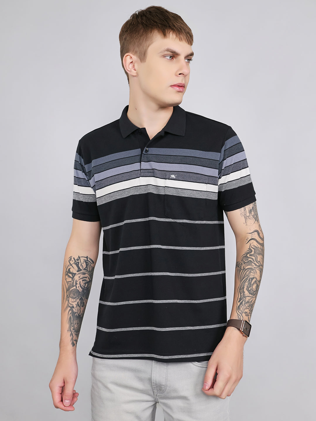Men Black Stripe Collar Half Sleeve T-Shirt