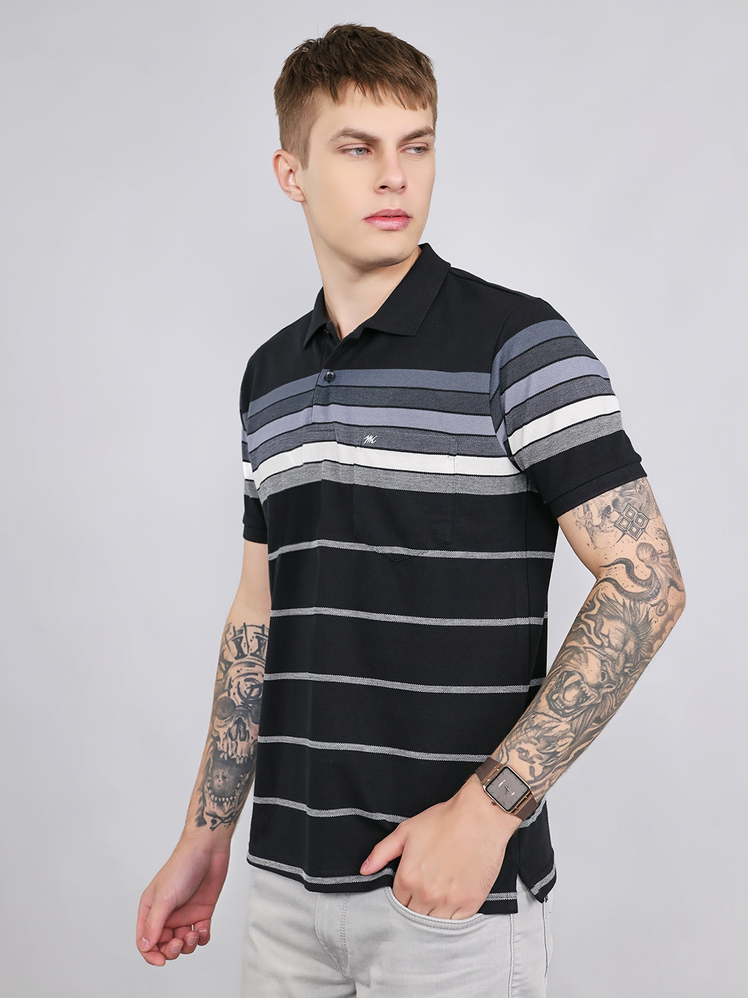 Men Black Stripe Collar Half Sleeve T-Shirt