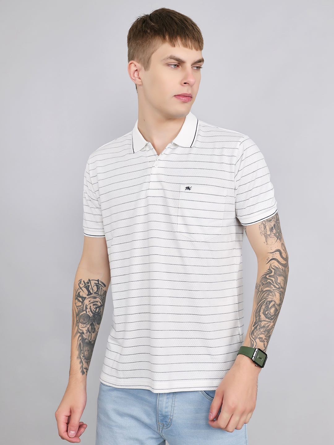 Men White Stripe Collar Half Sleeve T-Shirt