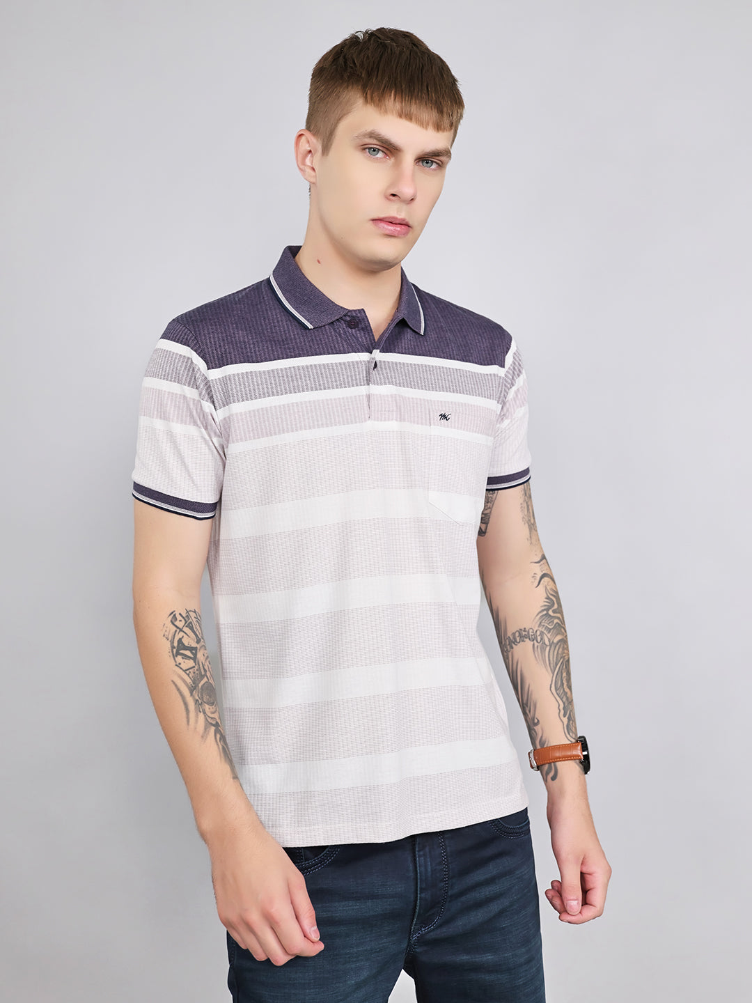 Men Purple Stripe Collar Half Sleeve T-Shirt