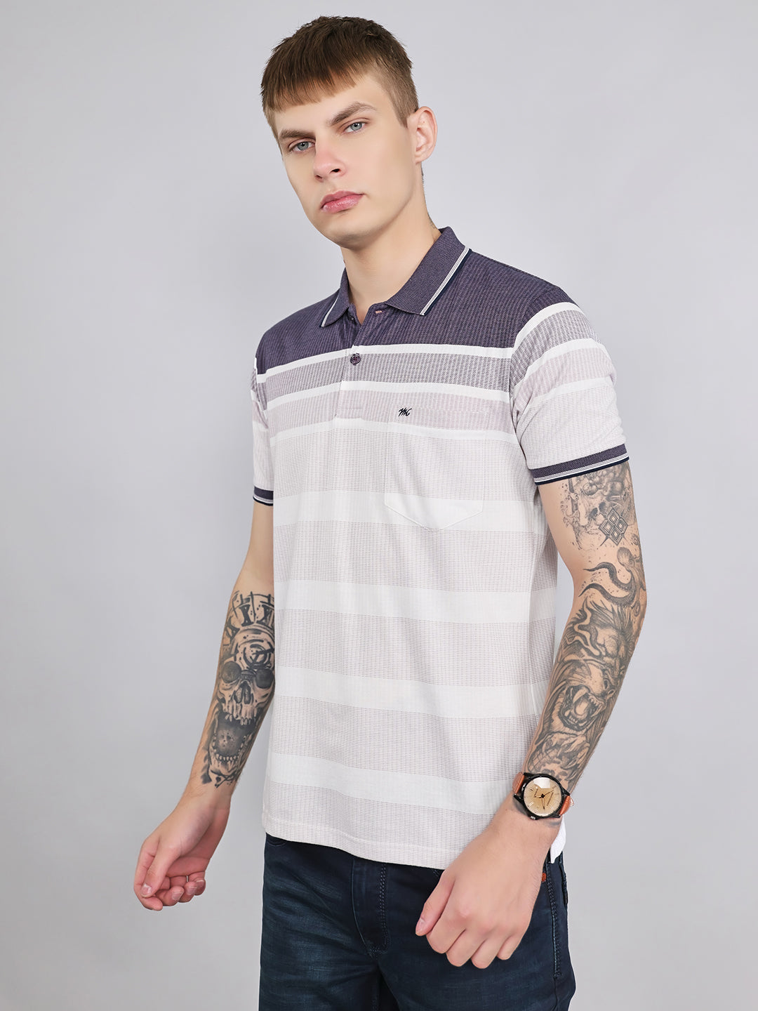 Men Purple Stripe Collar Half Sleeve T-Shirt