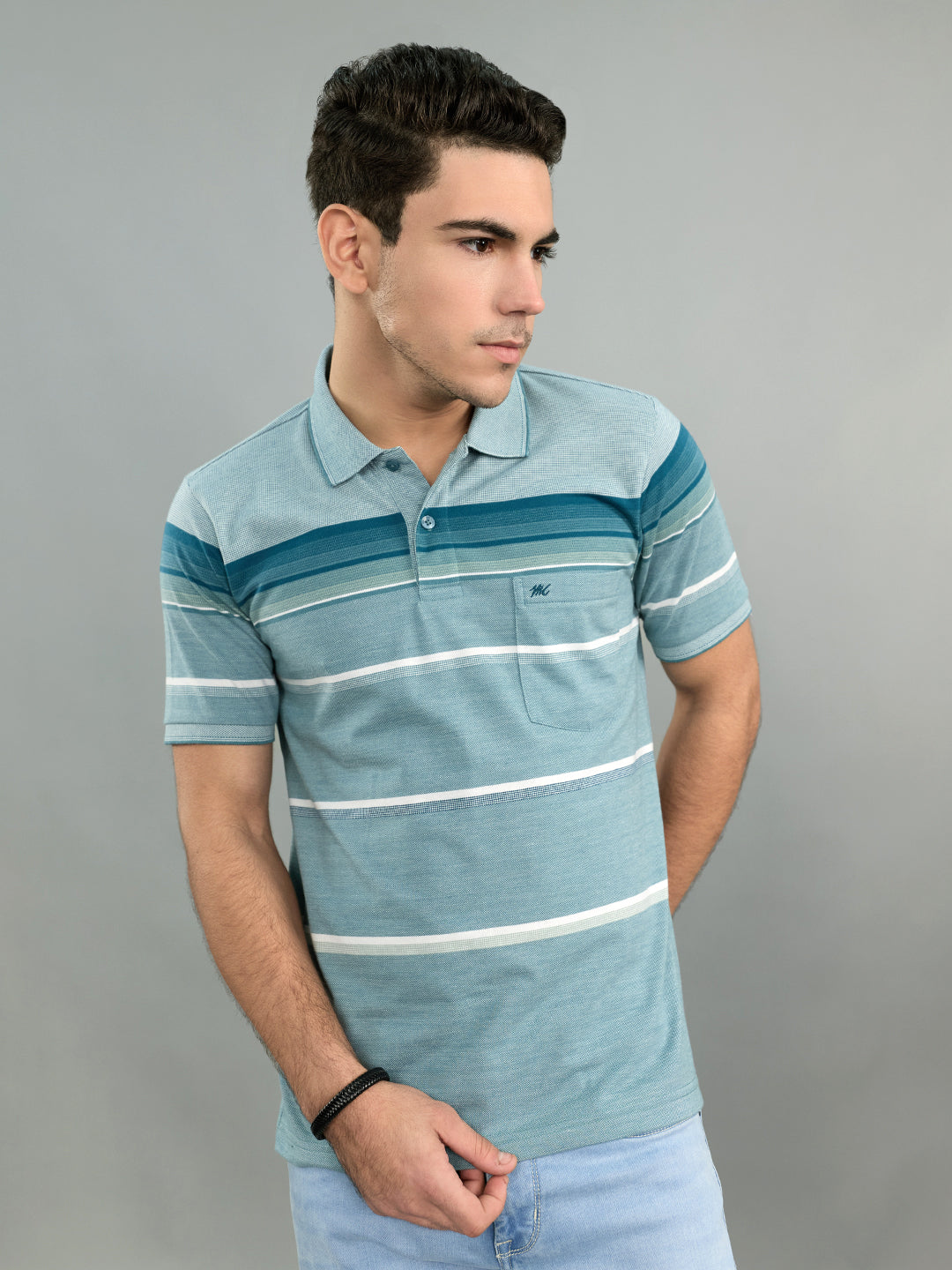 Men Green Stripe Polo Collar Half Sleeve T-Shirt