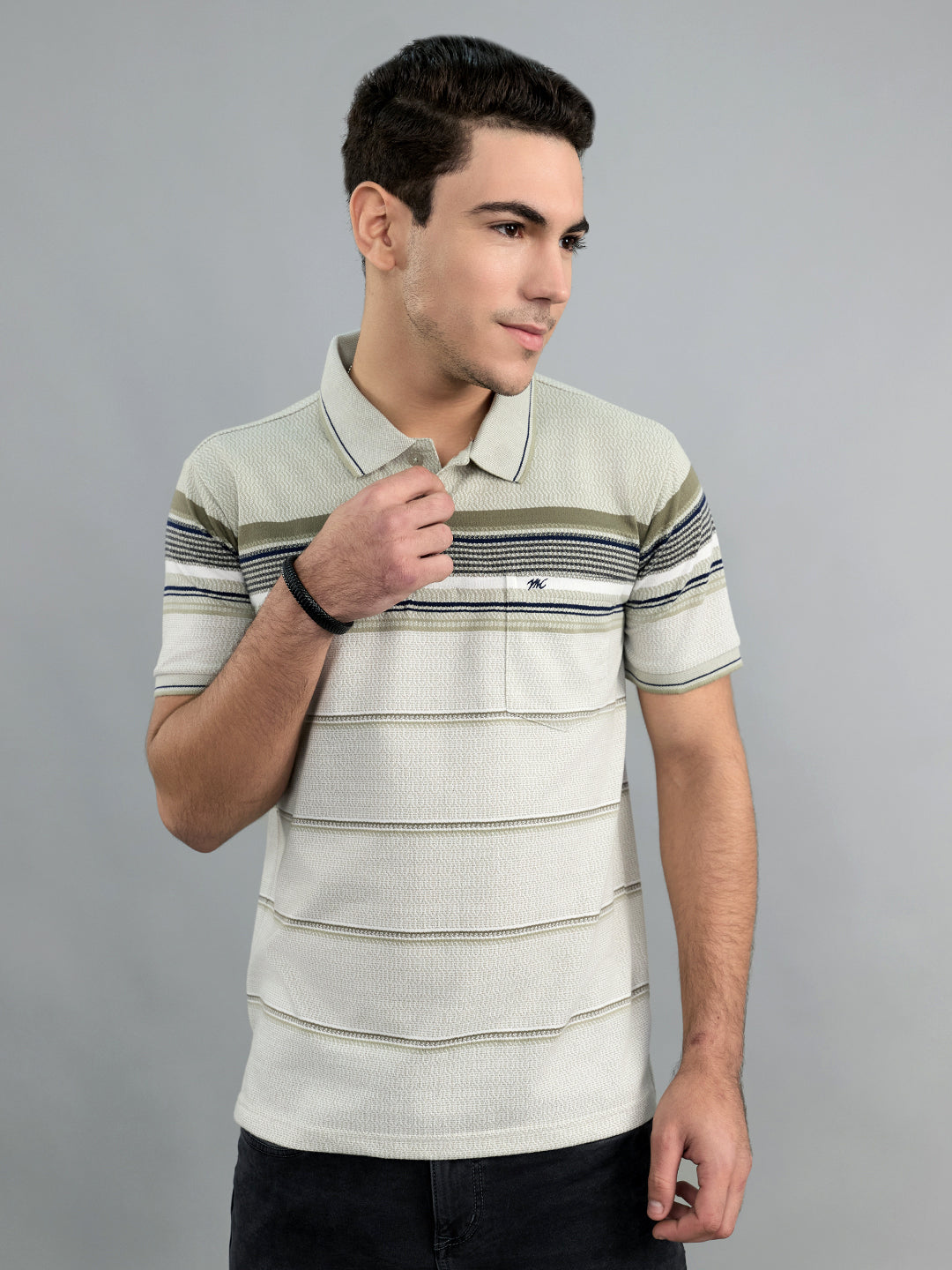 Men Olive Stripe Collar Half Sleeve T-Shirt