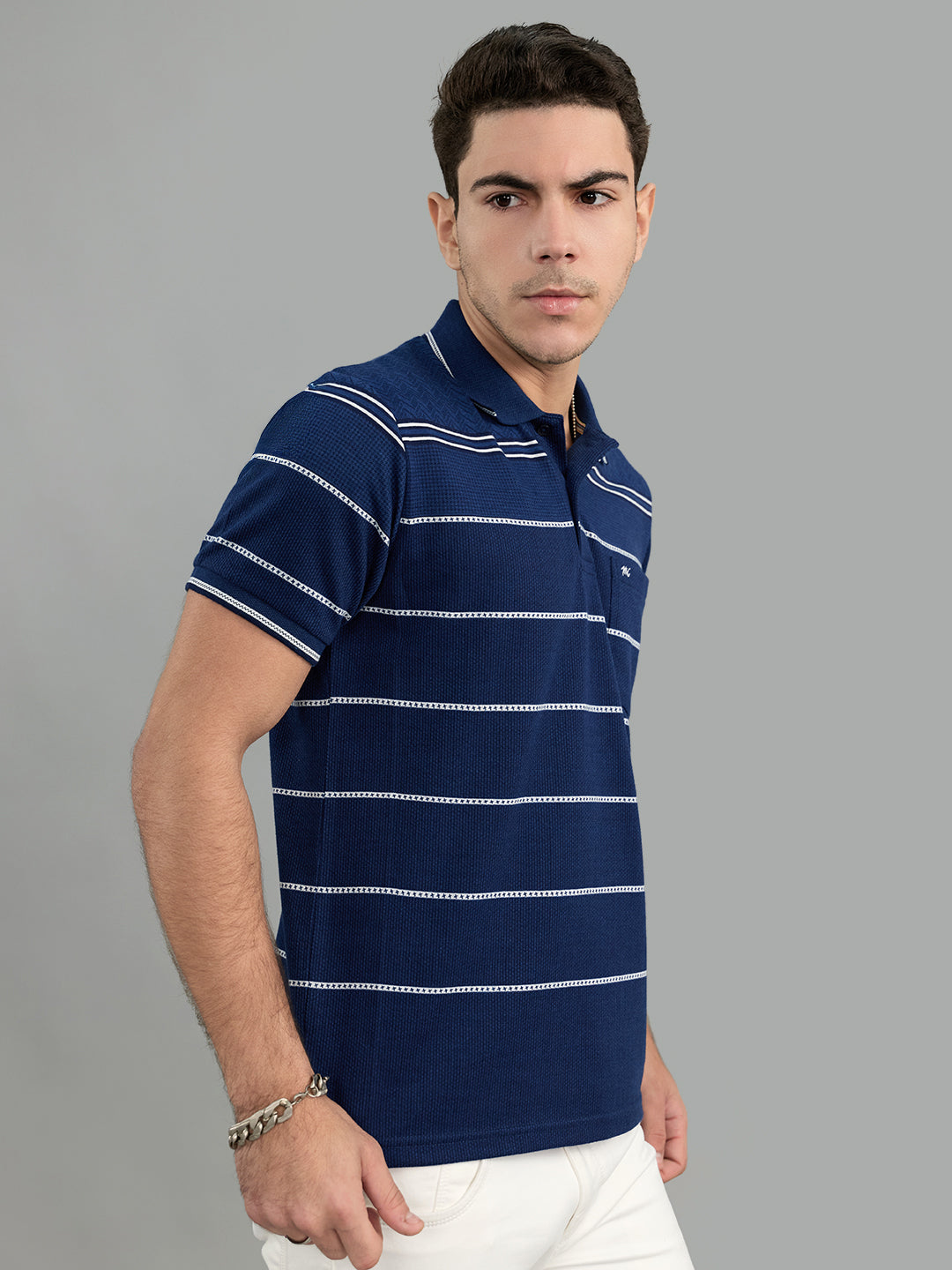 Men Navy Blue Stripe Collar Half Sleeve T-Shirt