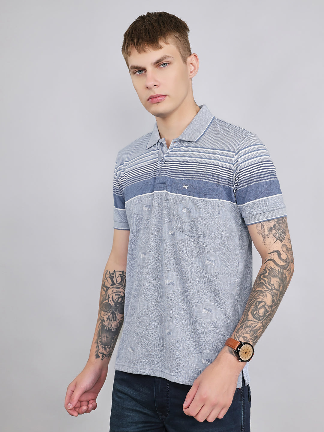 Men Grey Stripe Collar Half Sleeve T-Shirt