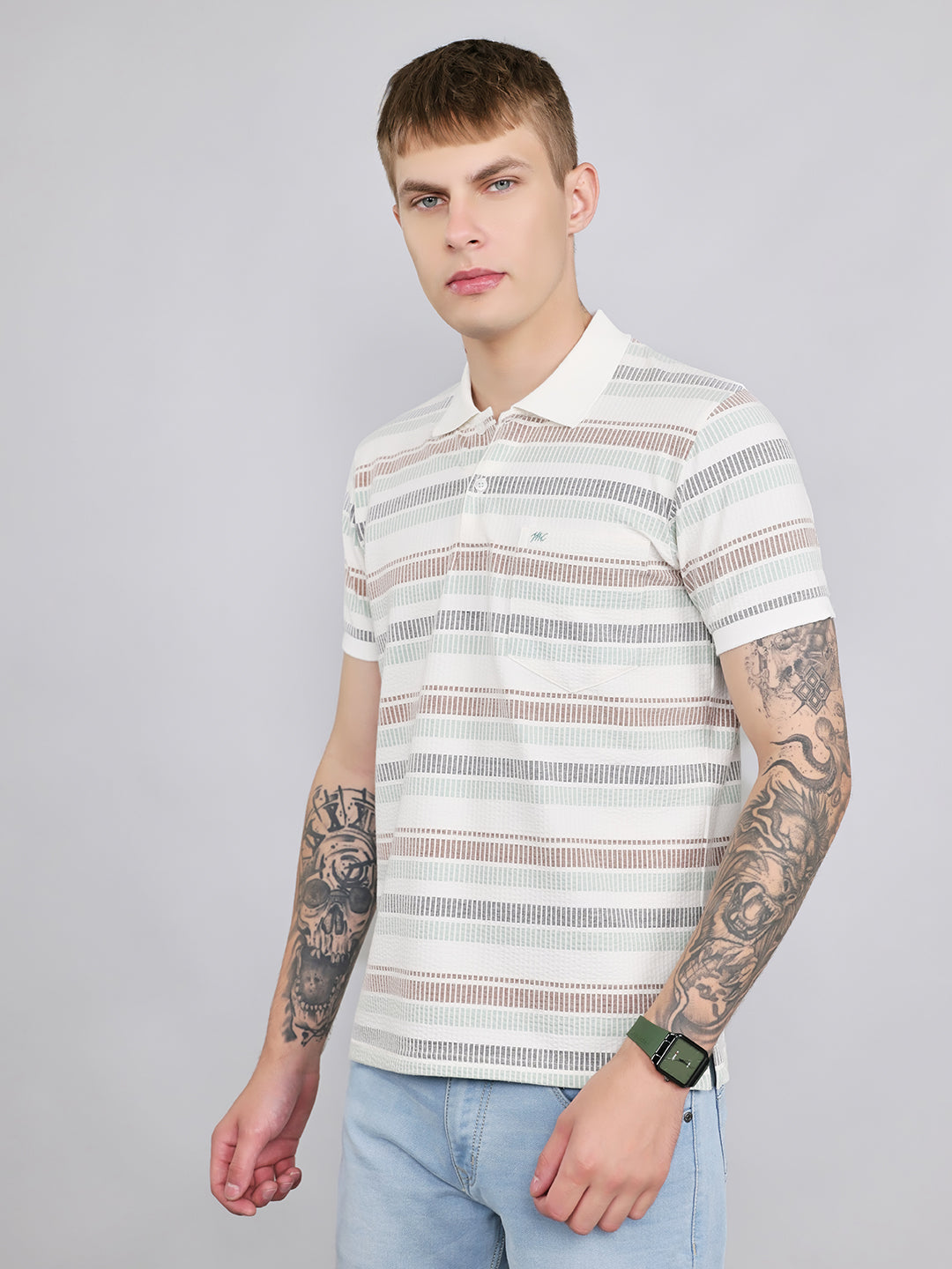 Men Sea Green Stripe Collar Half Sleeve T-Shirt