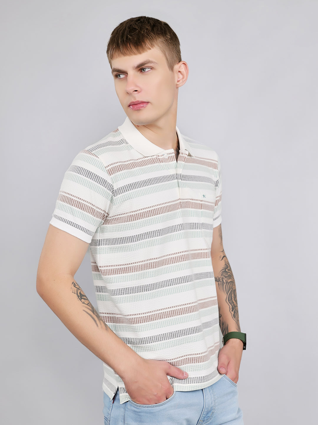 Men Sea Green Stripe Collar Half Sleeve T-Shirt