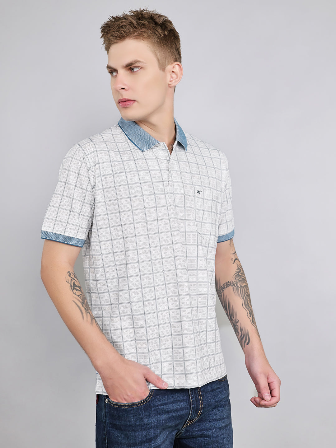 Men White Printed Collar Half Sleeve T-Shirt