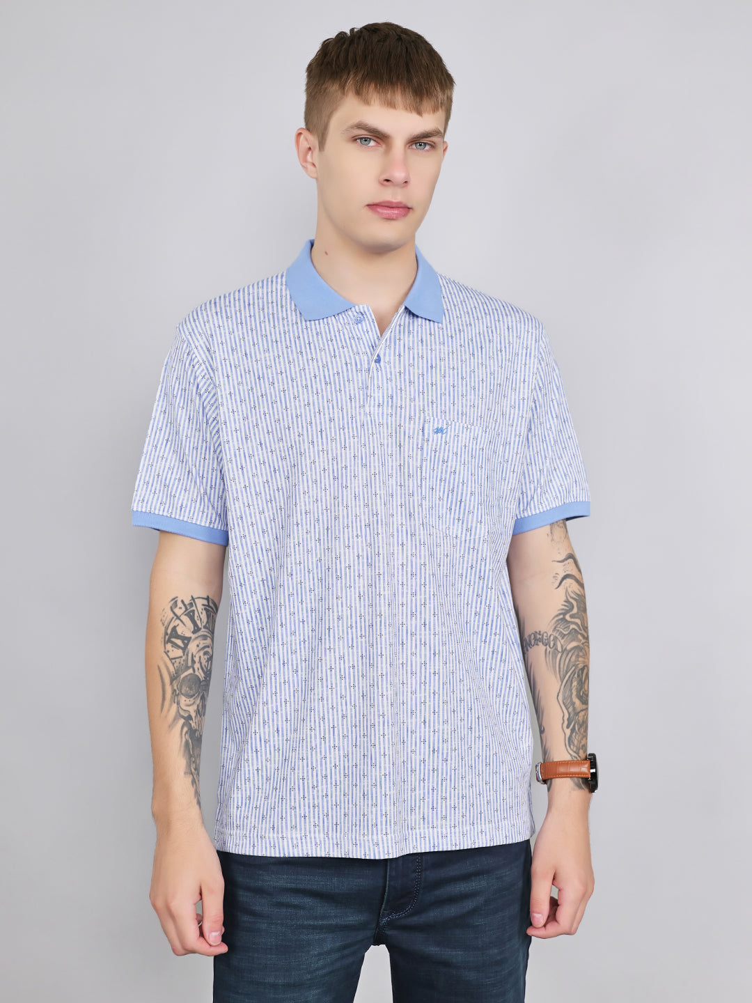 Men Sky Blue Stripe Collar Half Sleeve T-Shirt