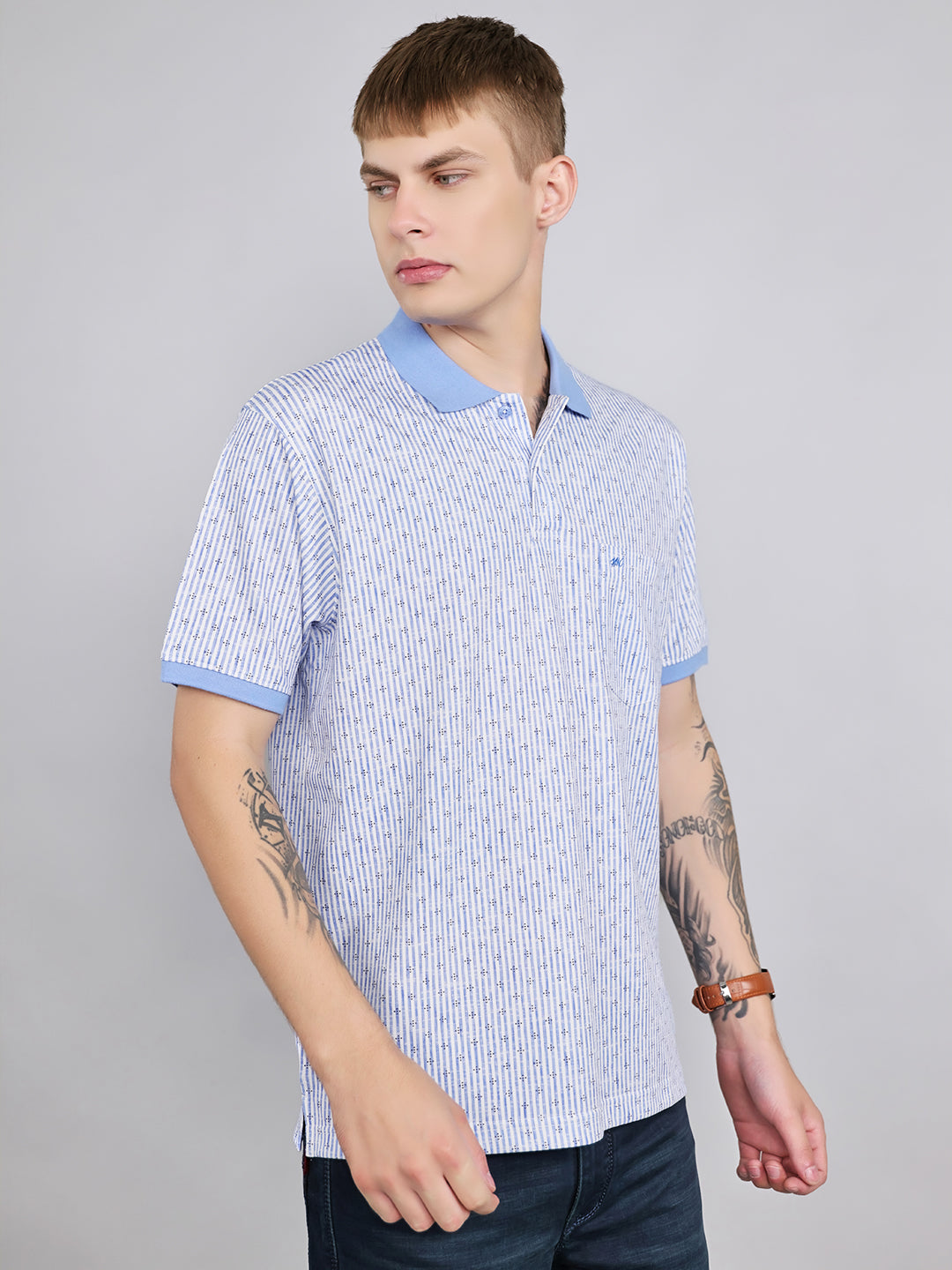 Men Sky Blue Stripe Collar Half Sleeve T-Shirt