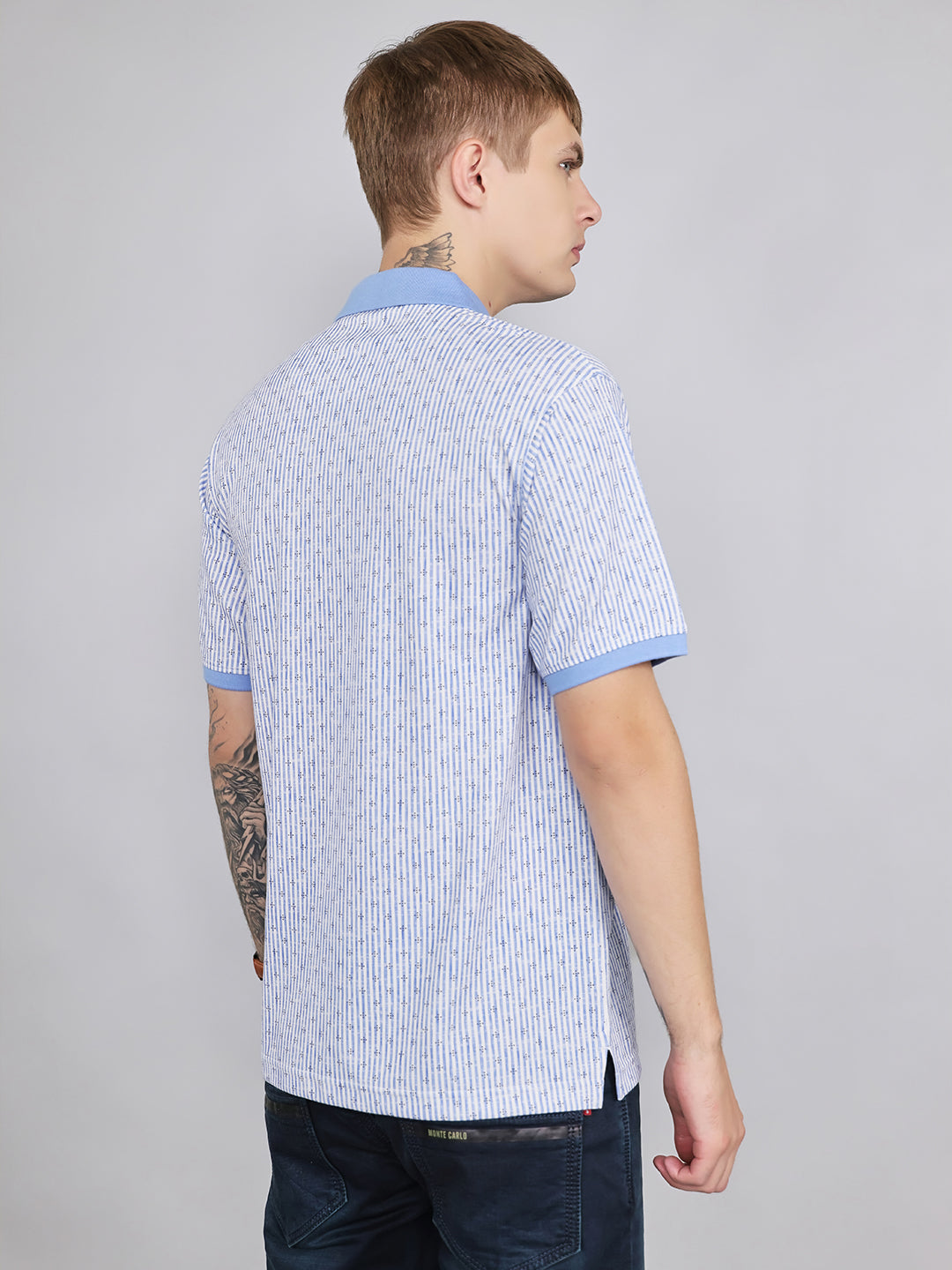 Men Sky Blue Stripe Collar Half Sleeve T-Shirt