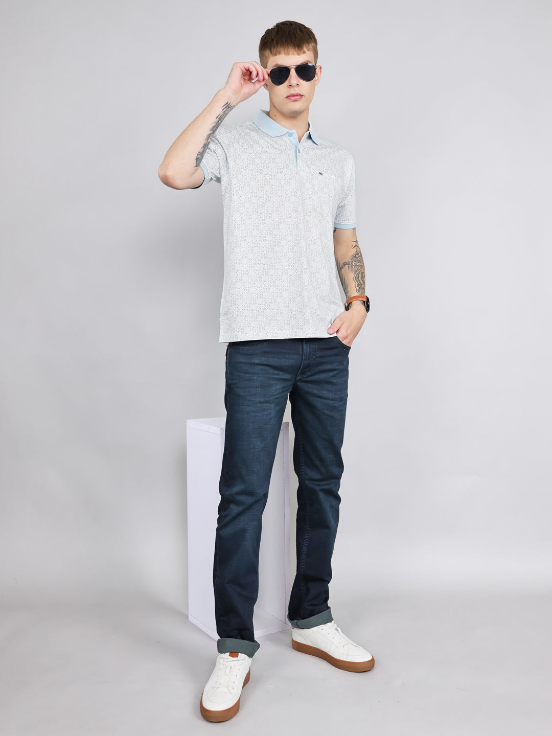 Men Sky Blue Printed Collar Half Sleeve T-Shirt