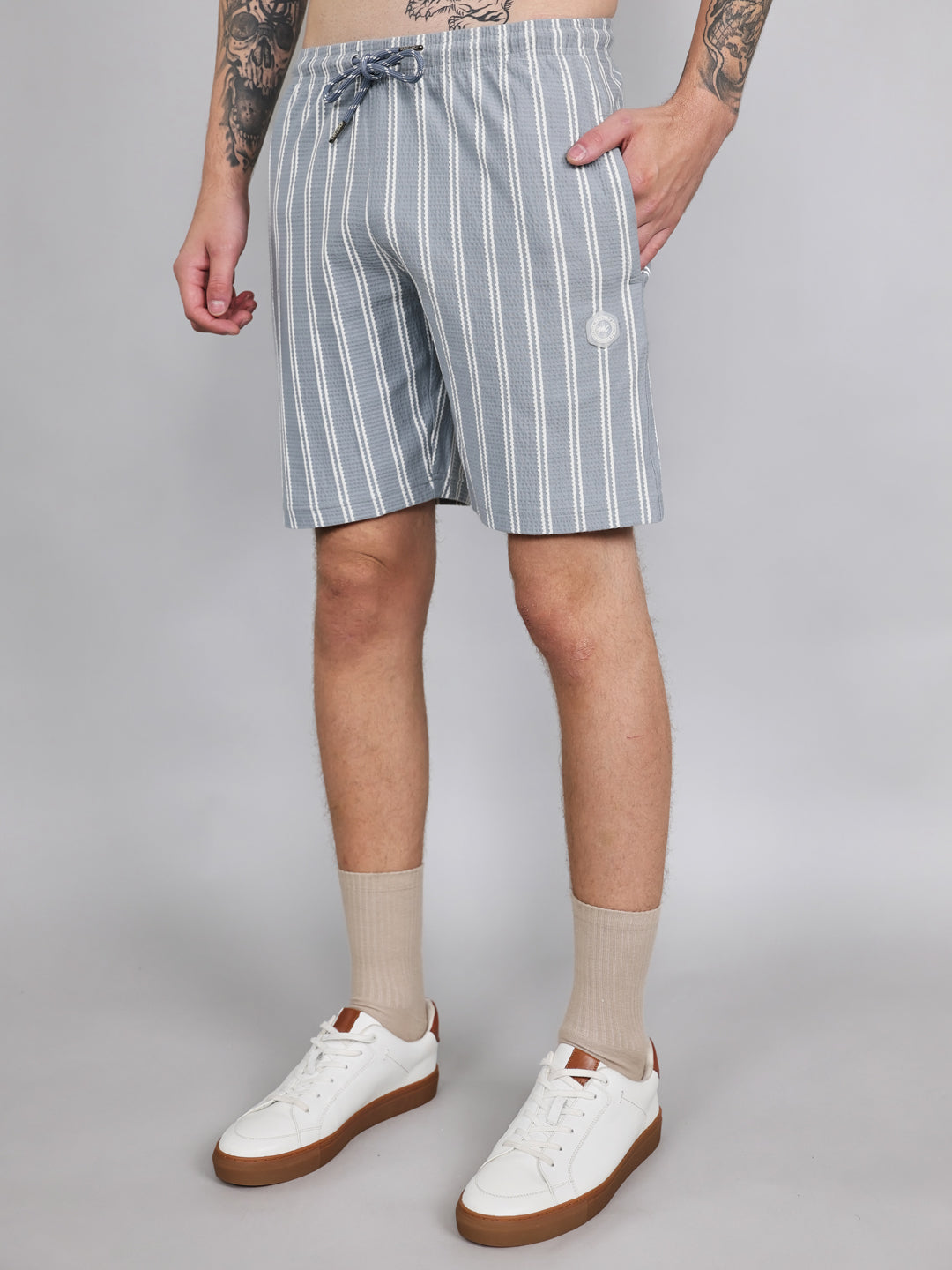 Men Sky Blue Stripe Regular Fit Bermuda Set