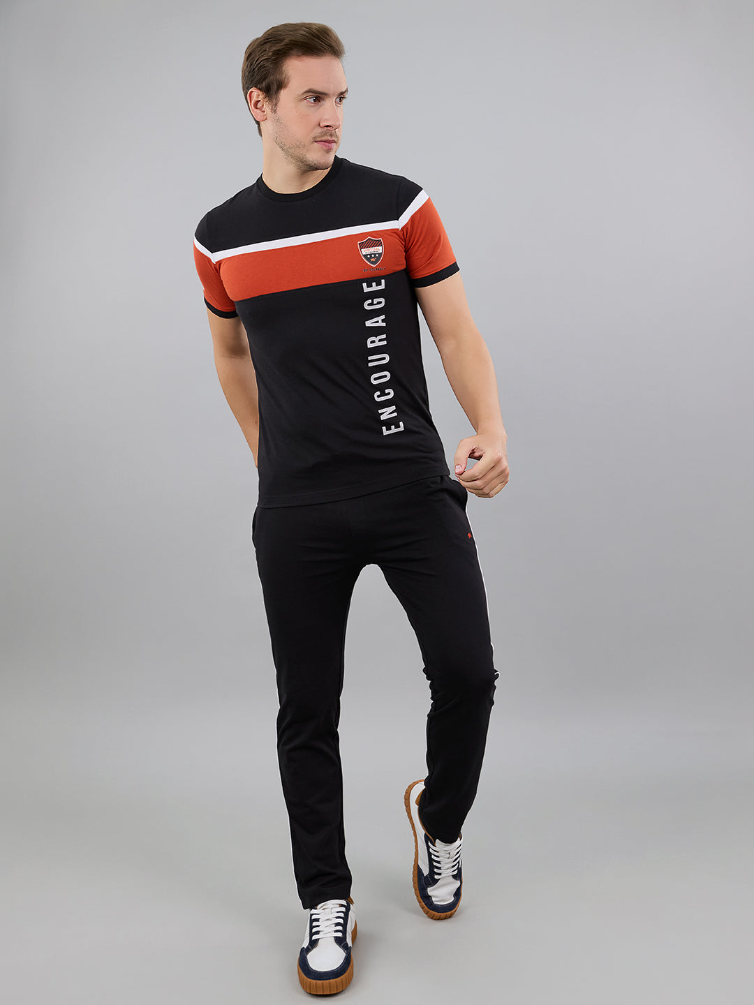 Men Black Solid Round Neck Half Sleeve Lower Set