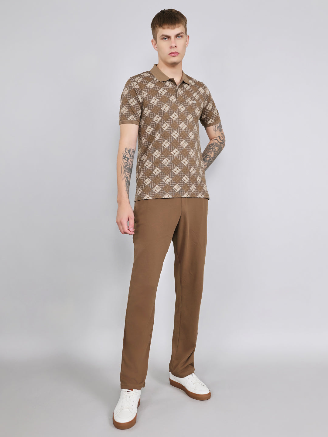 Men Brown Printed Collar Half Sleeve Lower Set