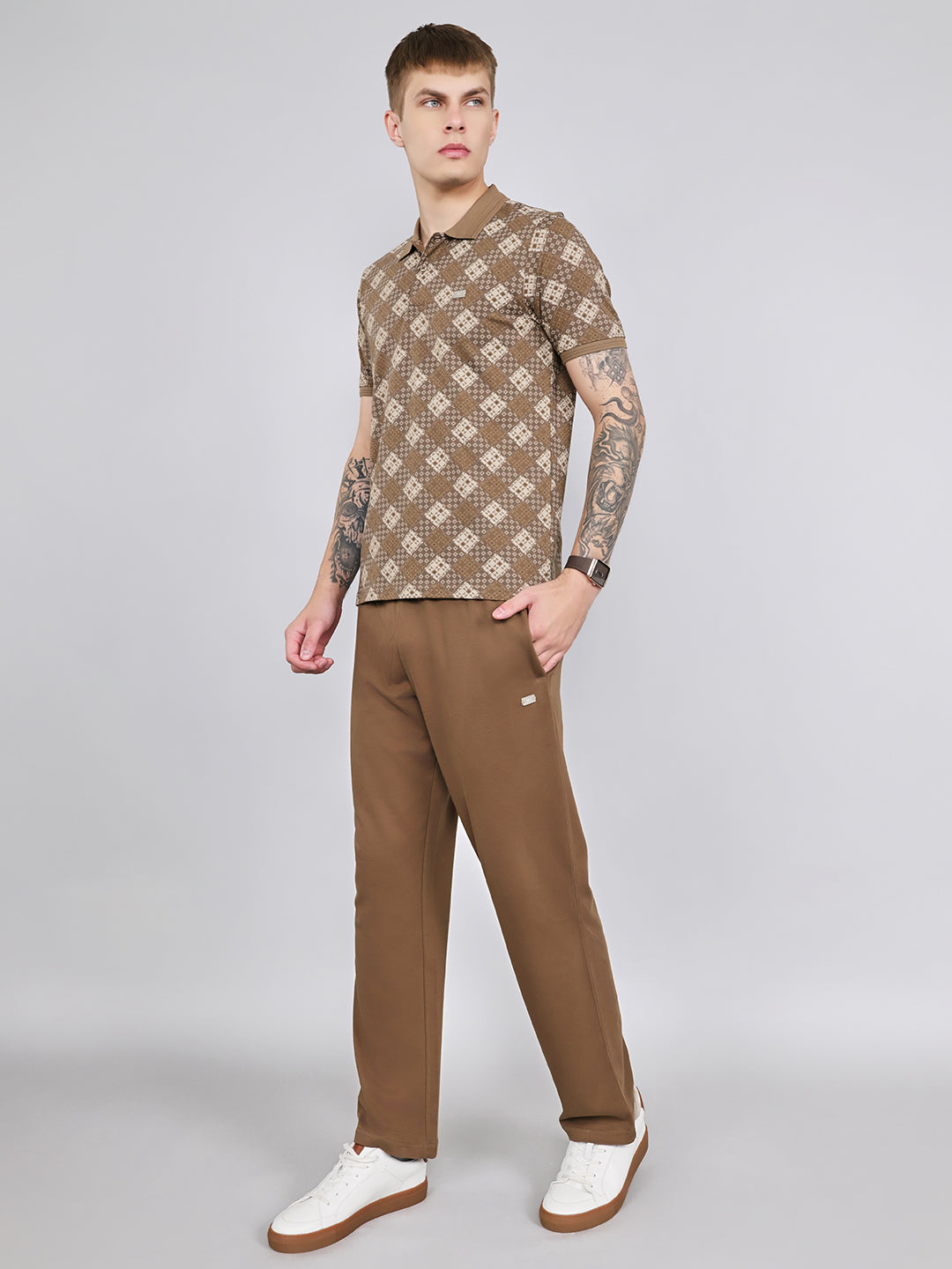 Men Brown Printed Collar Half Sleeve Lower Set