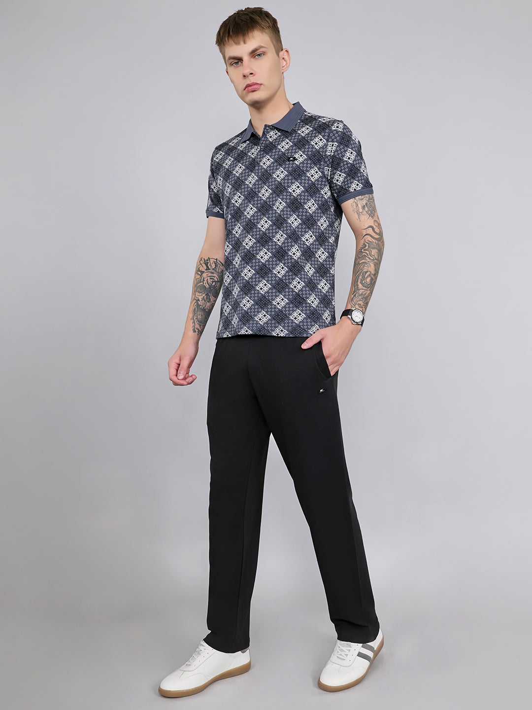 Men Grey Printed Collar Half Sleeve Lower Set