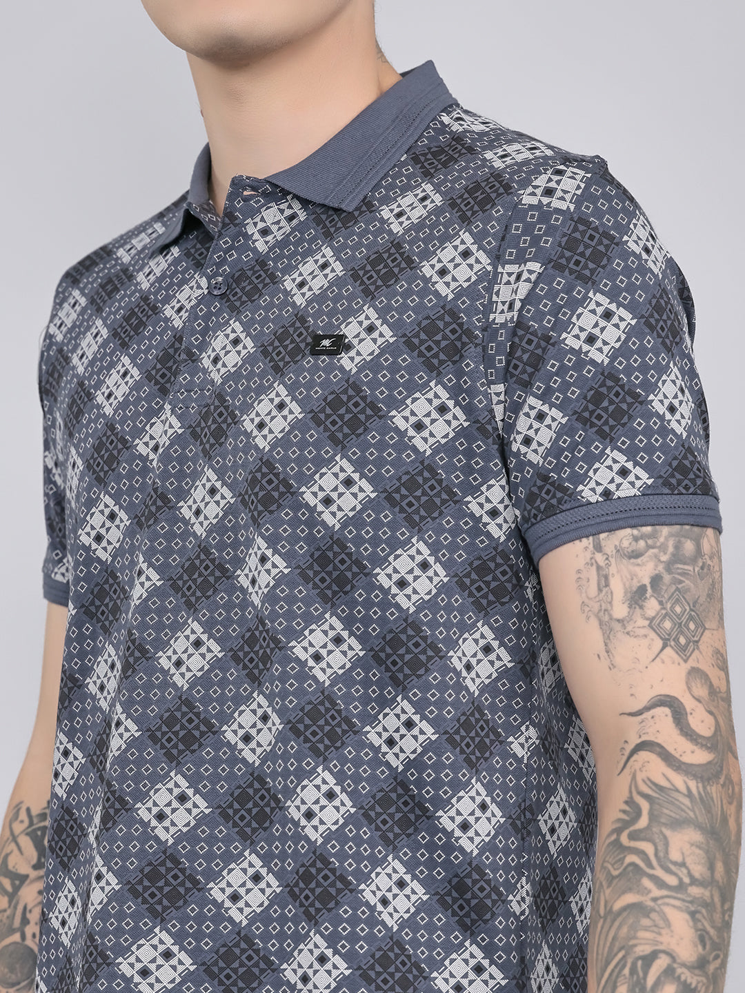 Men Grey Printed Collar Half Sleeve Lower Set
