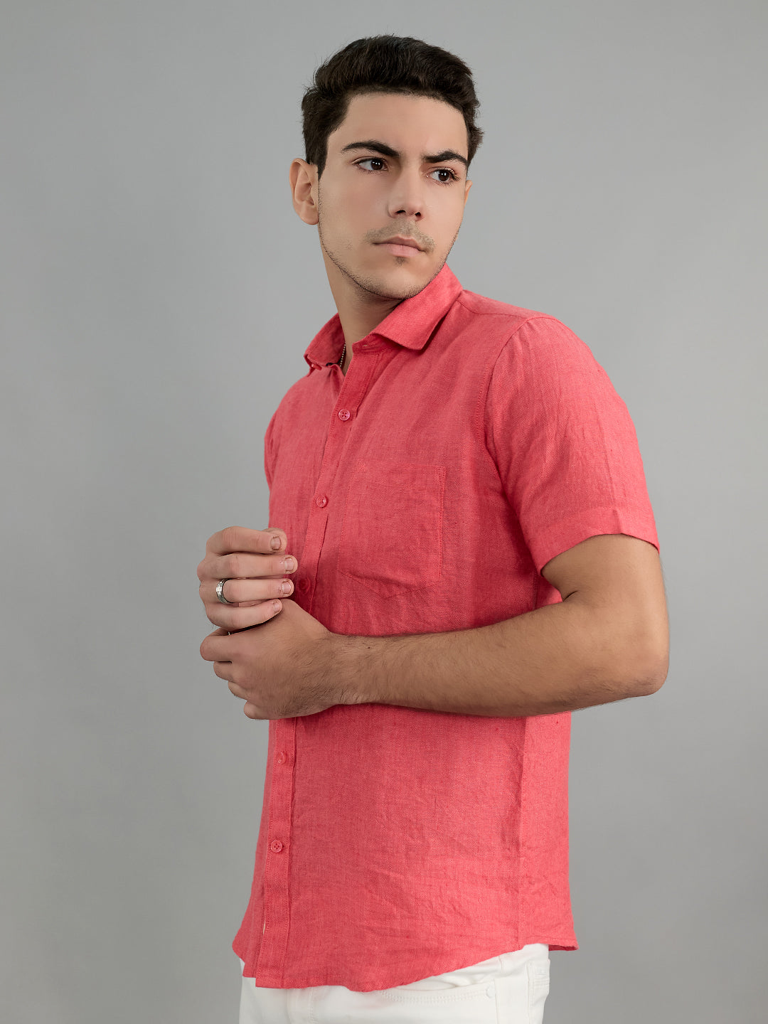 Men Coral Solid Collar Half Sleeve Shirt