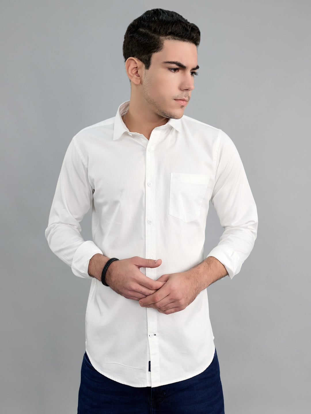 Men White Solid Collar Full Sleeve Shirt
