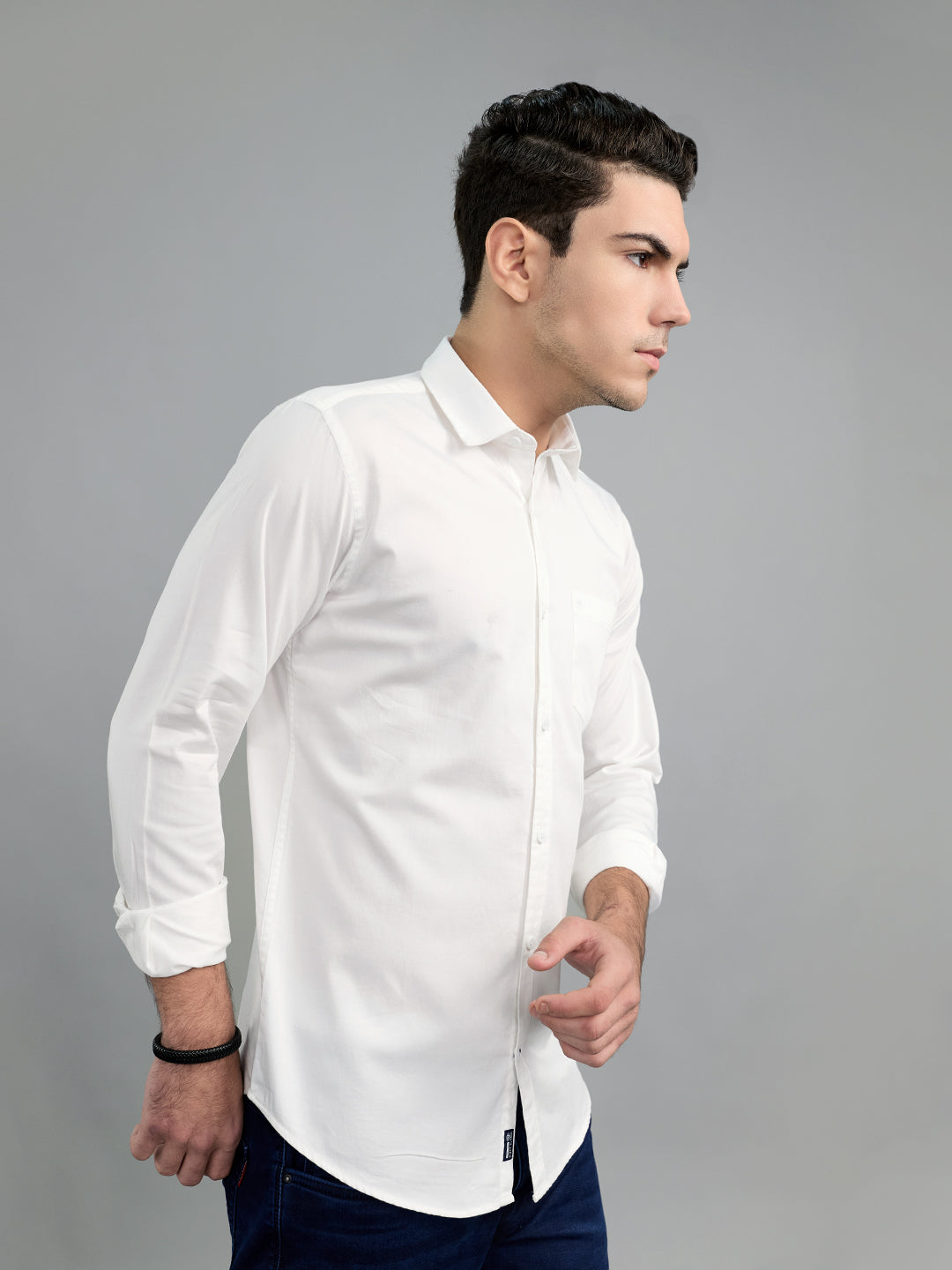 Men White Solid Collar Full Sleeve Shirt
