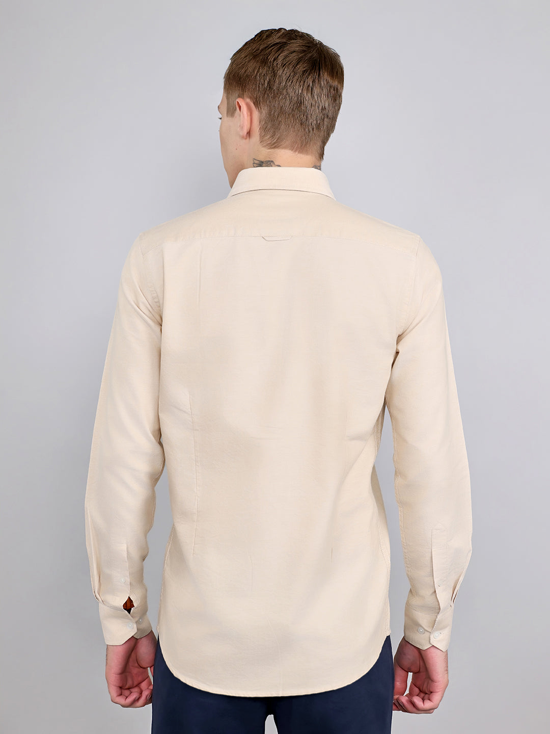 Men Beige Solid Collar Full Sleeve Shirt