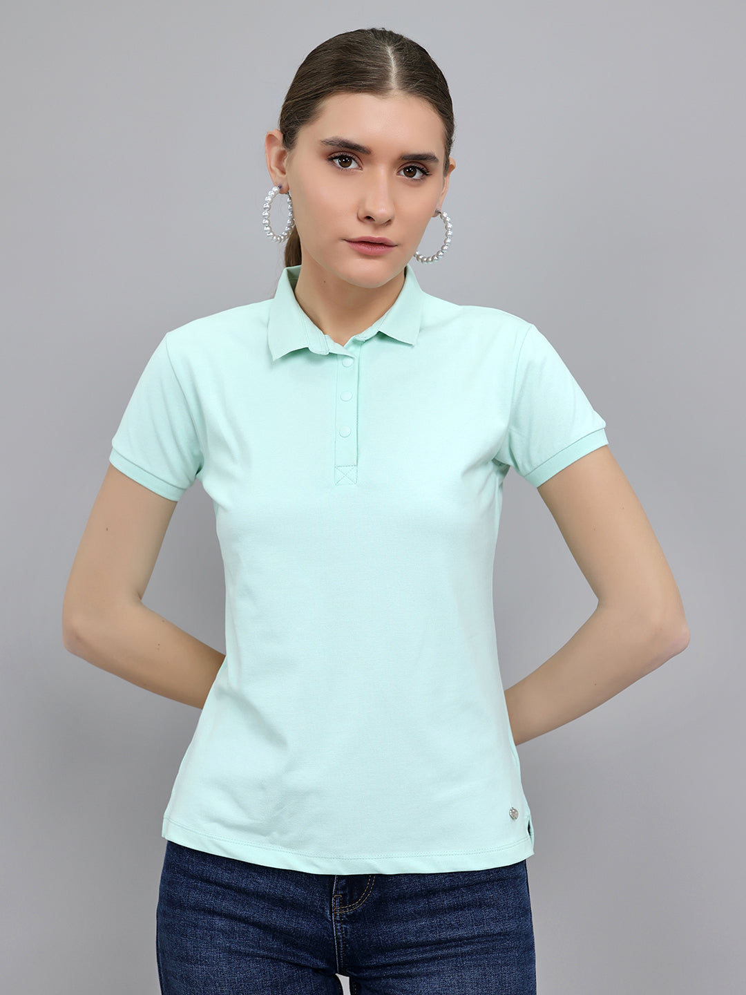 Women Light Green Solid Collar Half Sleeve T-Shirt