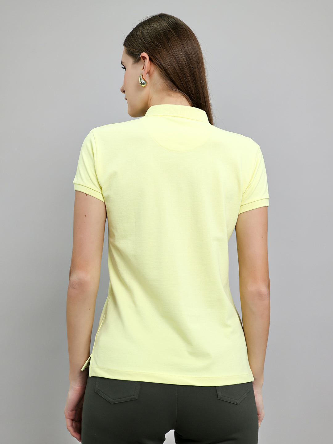 Women Yellow Solid Collar Half Sleeve T-Shirt