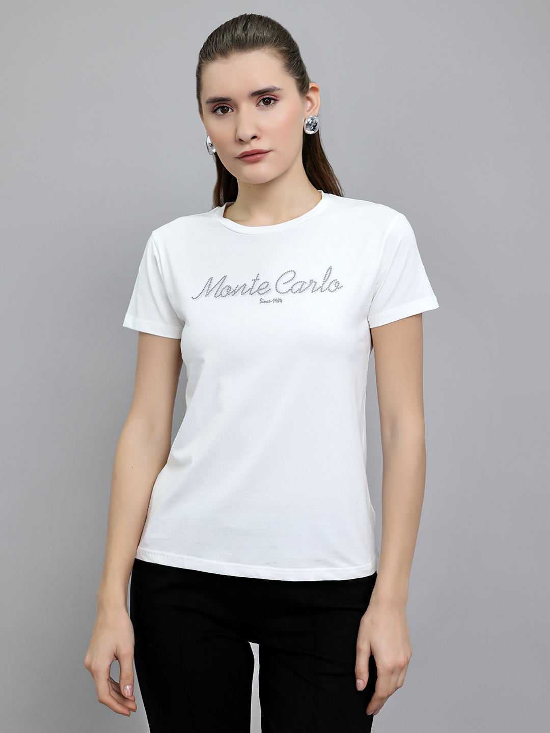 Women White Embroidered Round Neck Half Sleeve Top