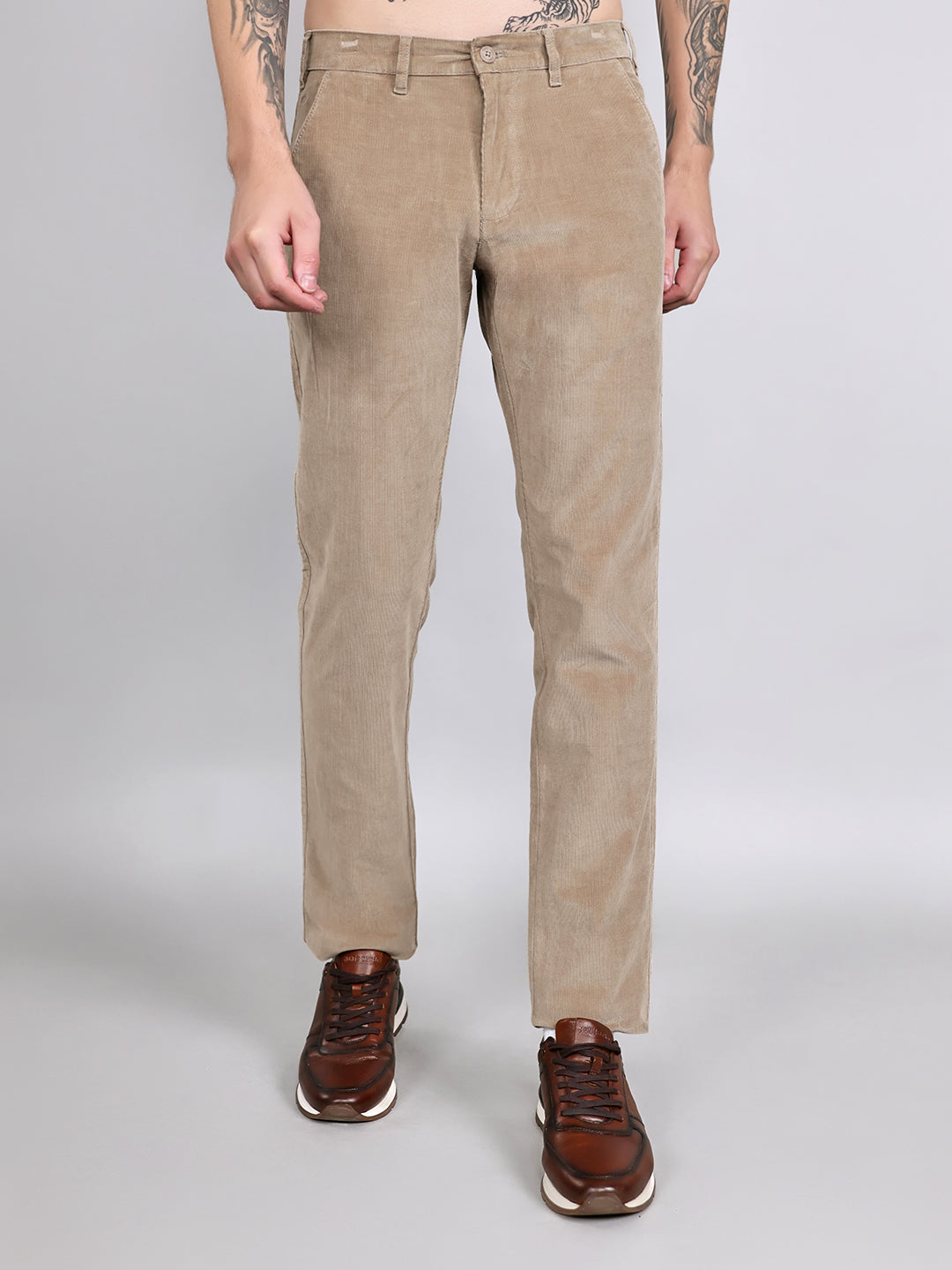 Men Beige Solid Slim Fit Trouser